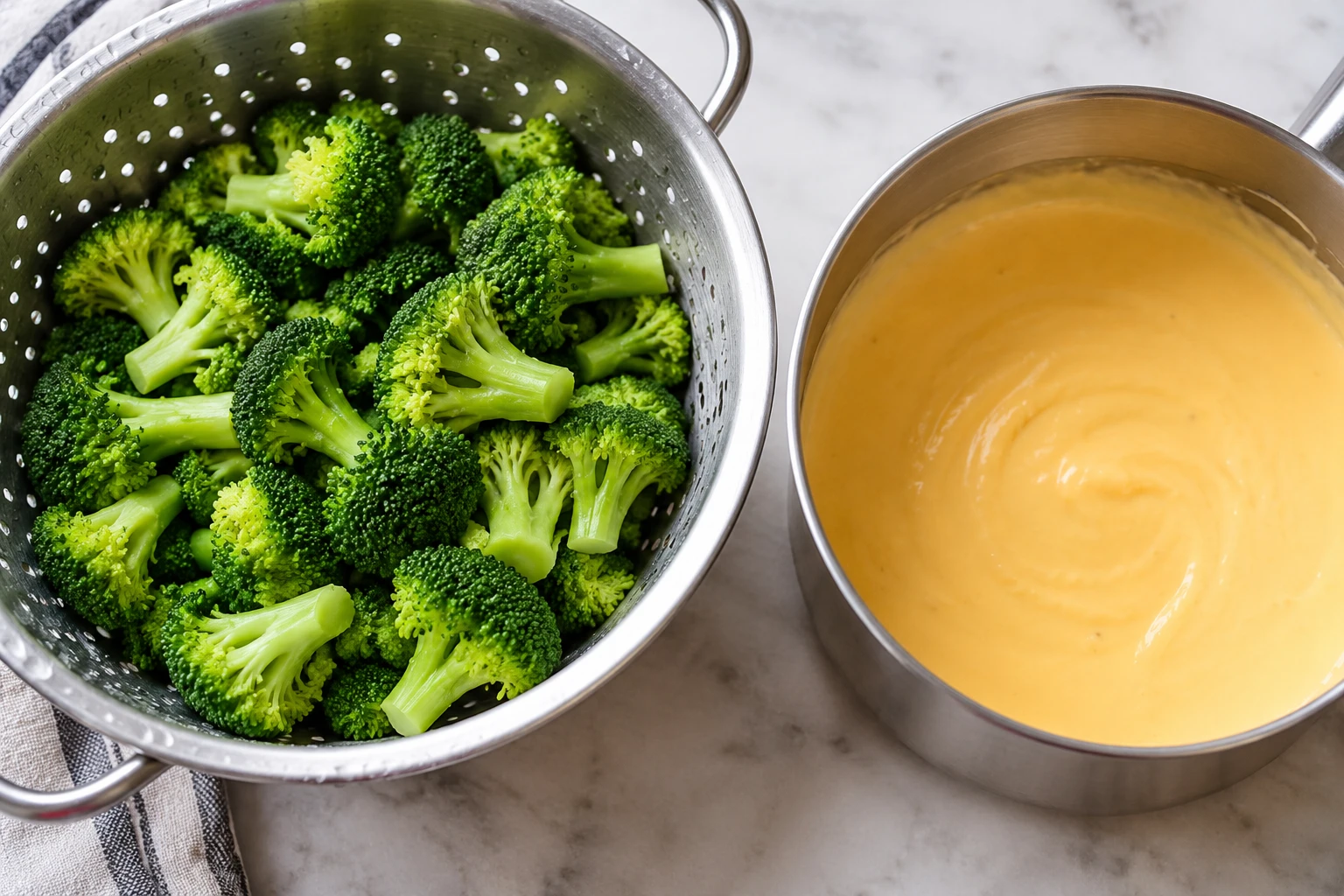 Briefly blanched broccoli drains beside a smooth cheddar sauce before the casserole is assembled.