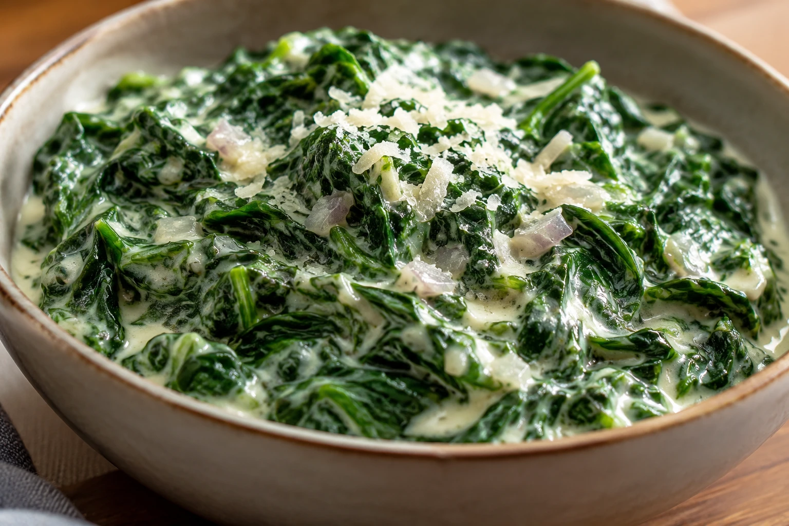 Tender chopped spinach is held in a thick glossy sauce with fine shallot and Parmesan.
