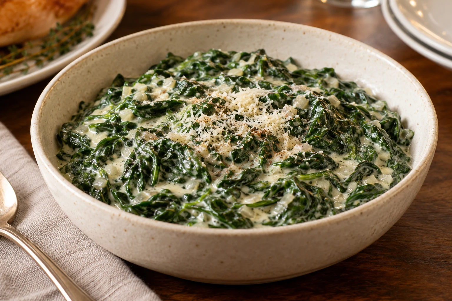 Creamed spinach with tender green leaves in a glossy shallot cream sauce and a light Parmesan finish.