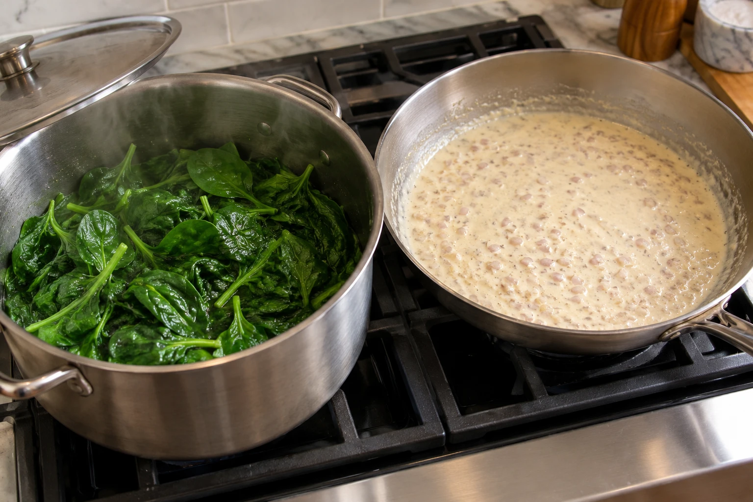 Fresh spinach wilts in a large pot while shallot cream sauce thickens in a skillet.