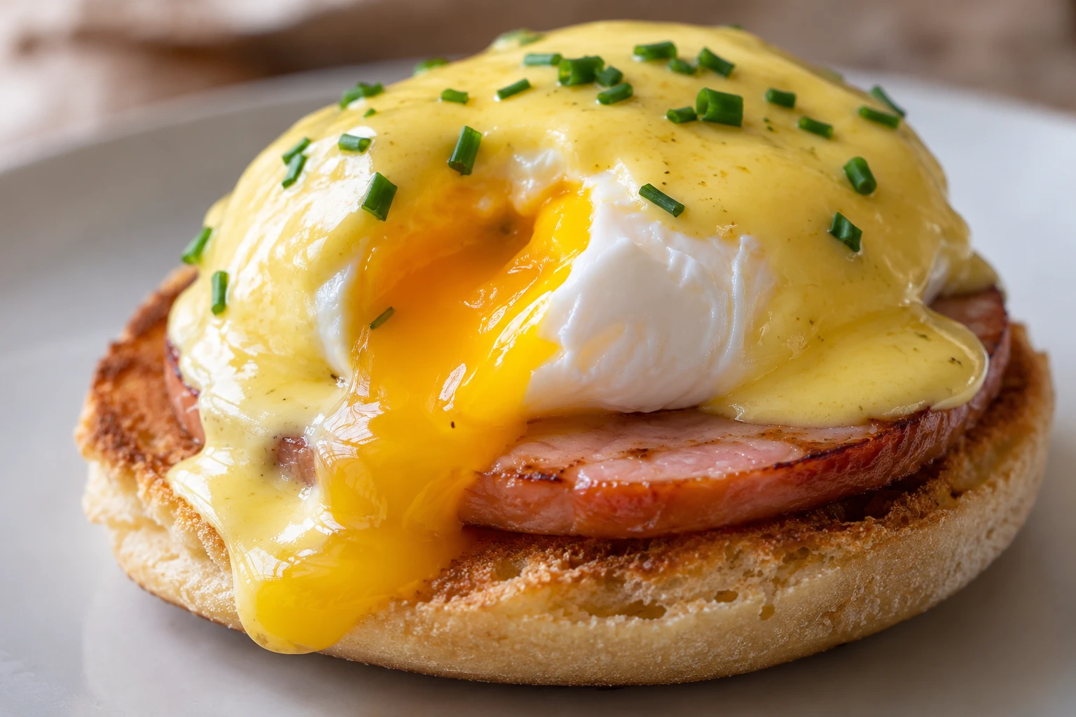A cut poached egg reveals a runny yolk beneath hollandaise on a toasted muffin and bacon.