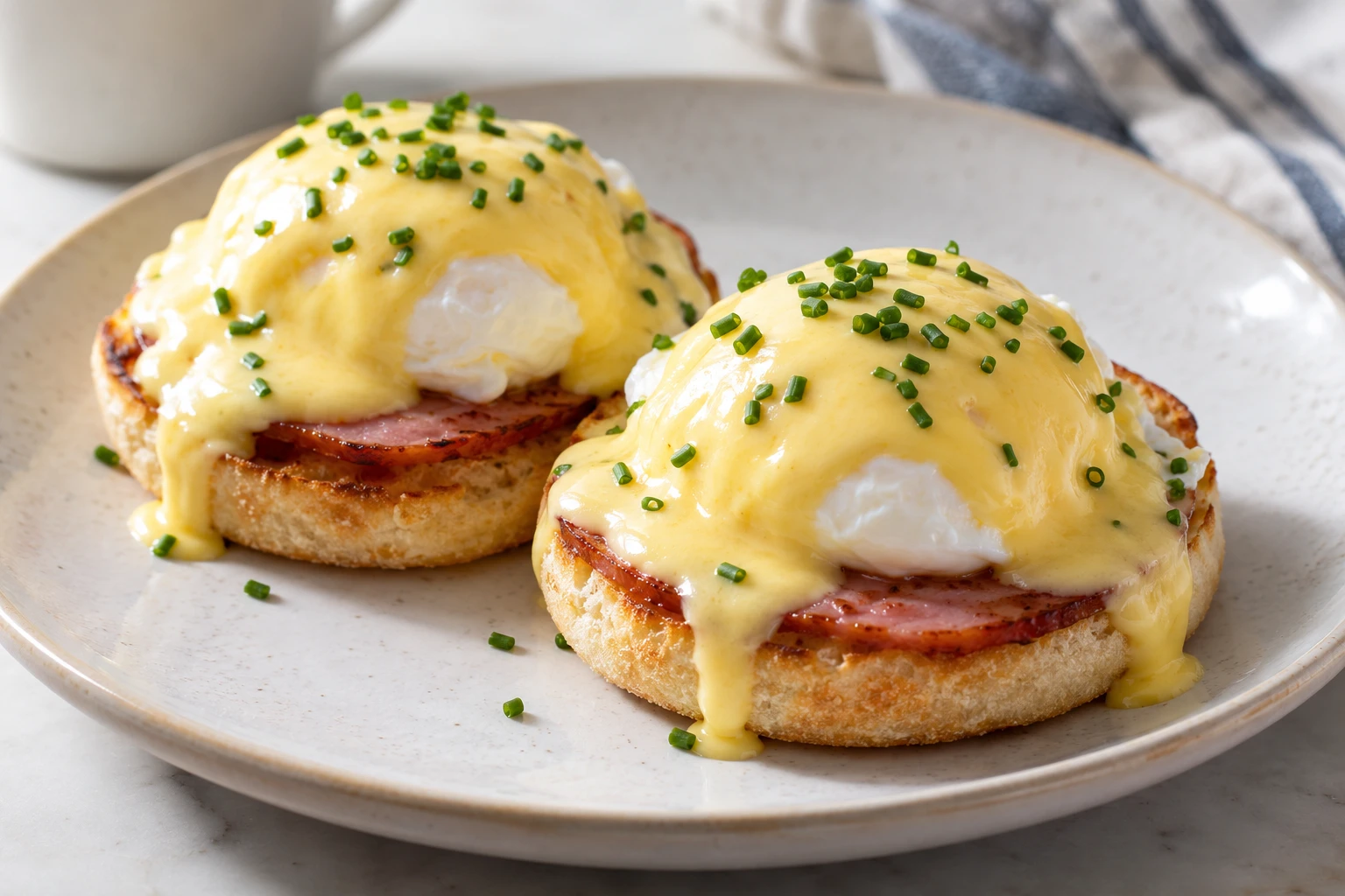 Two Eggs Benedict portions show toasted muffins, Canadian bacon, poached eggs, hollandaise, and chives.