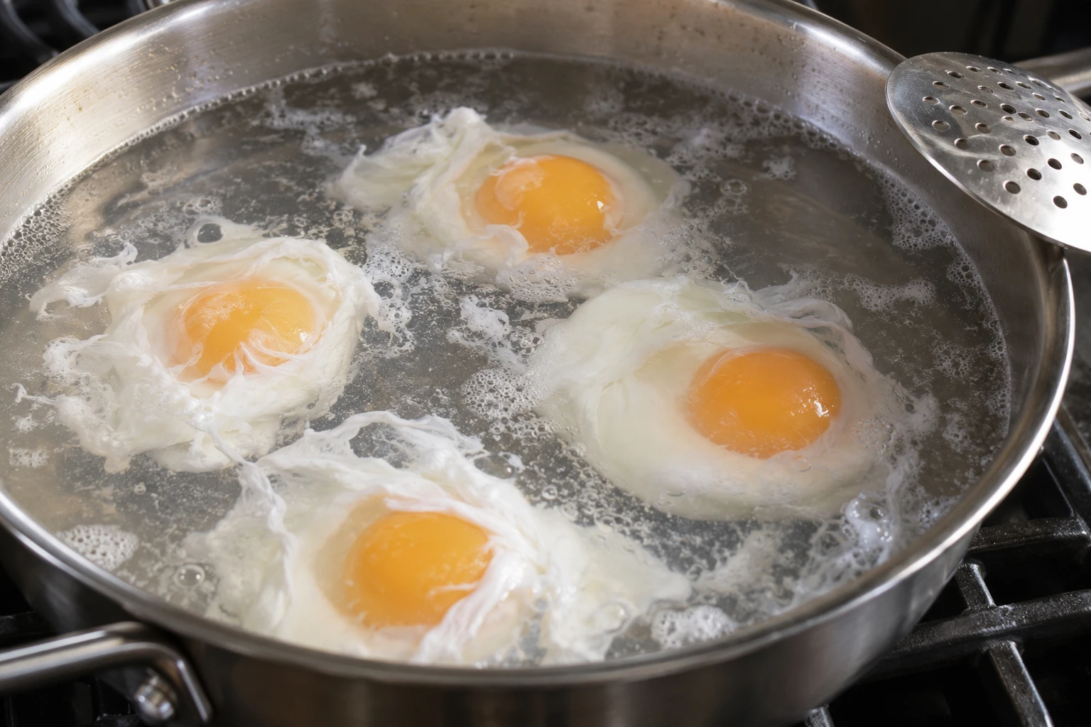 Eggs poach in gently simmering water beside a slotted spoon in a wide saucepan.