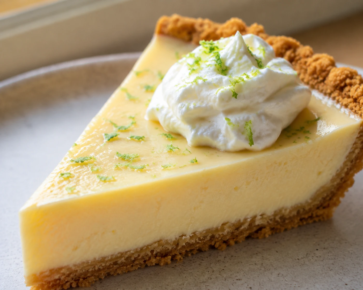 A firm slice of key lime pie shows smooth pale filling, crisp graham crust, whipped cream, and lime zest.