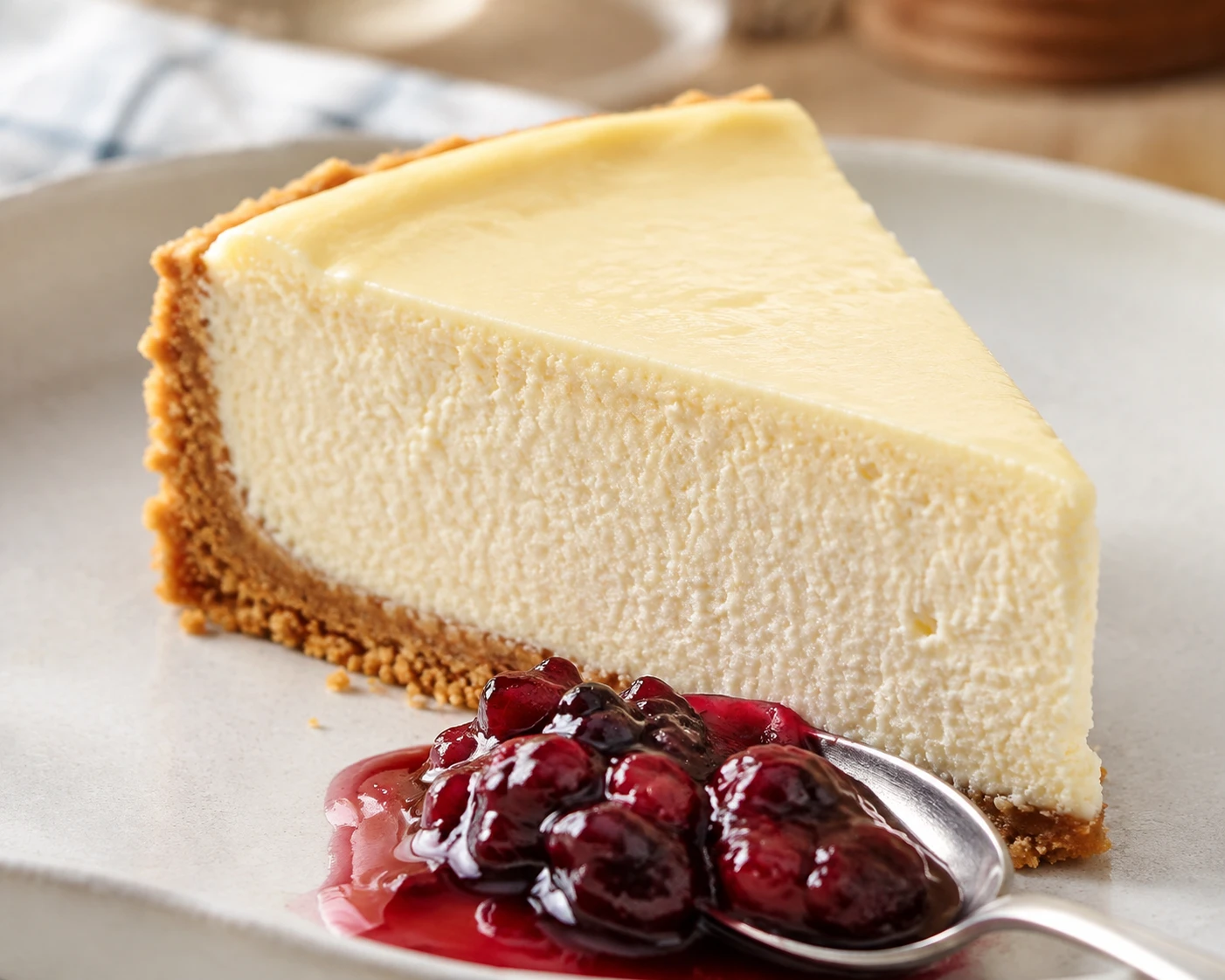 A clean cheesecake slice reveals dense smooth filling and a crisp golden graham crust beside glossy berry sauce.
