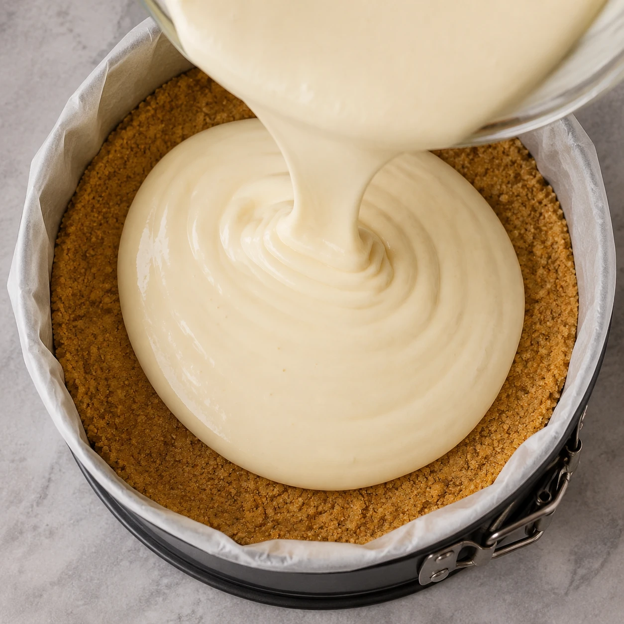 Glossy cheesecake filling is poured over a baked golden graham cracker crust in a lined springform pan.