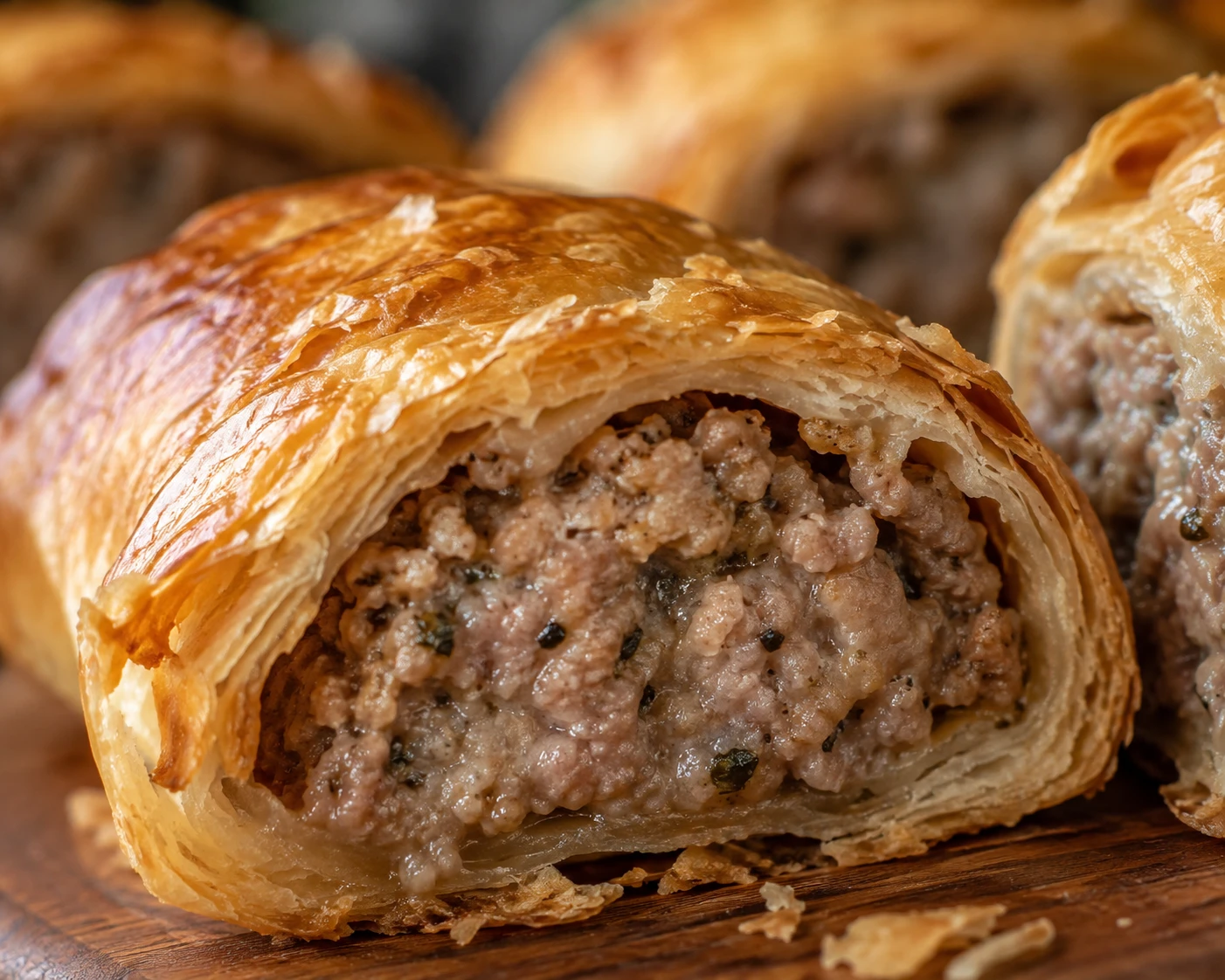 A cut sausage roll shows crisp flaky pastry around a juicy herb-flecked pork filling.