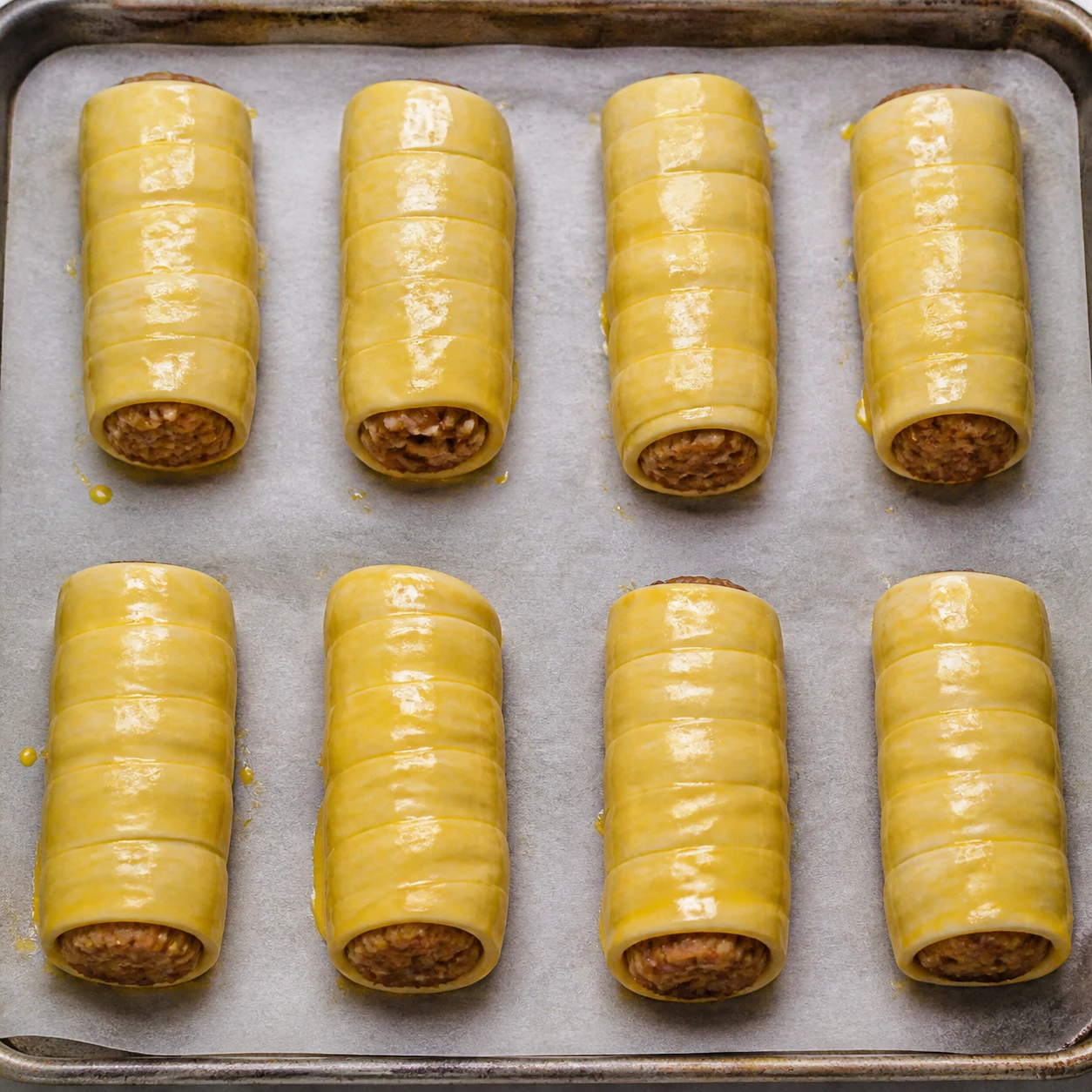 Egg-washed and vented sausage rolls rest on a parchment-lined baking sheet before baking.