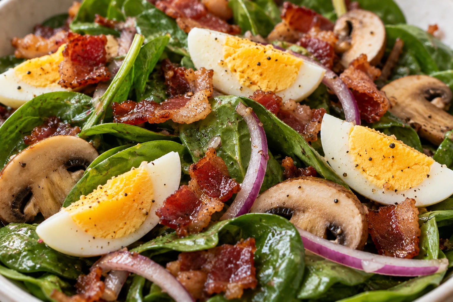 Warm dressing lightly glosses spinach beneath crisp bacon, sliced egg, onion, and mushrooms.