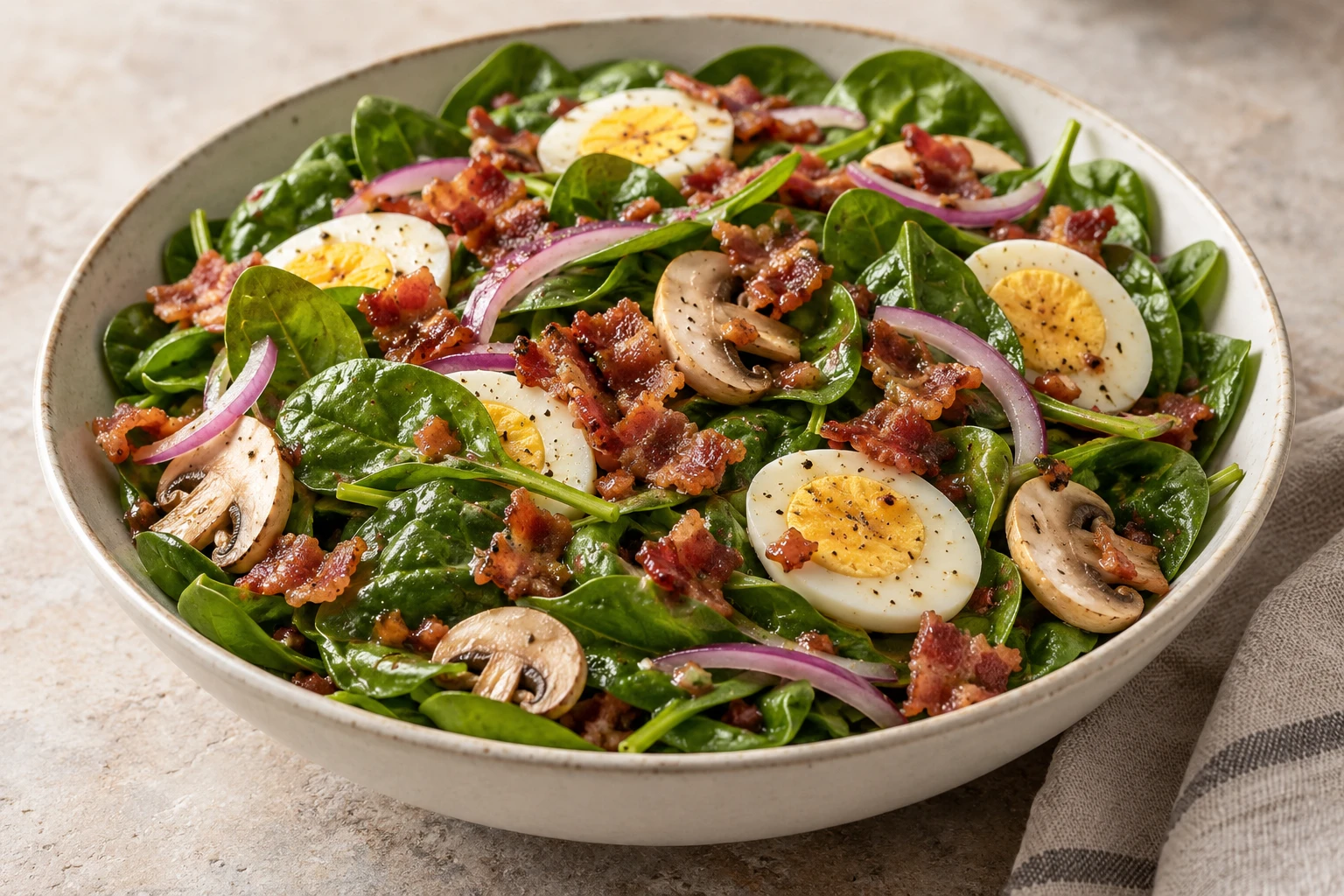 Tender spinach is topped with crisp bacon, sliced eggs, red onion, and mushrooms in a shallow bowl.