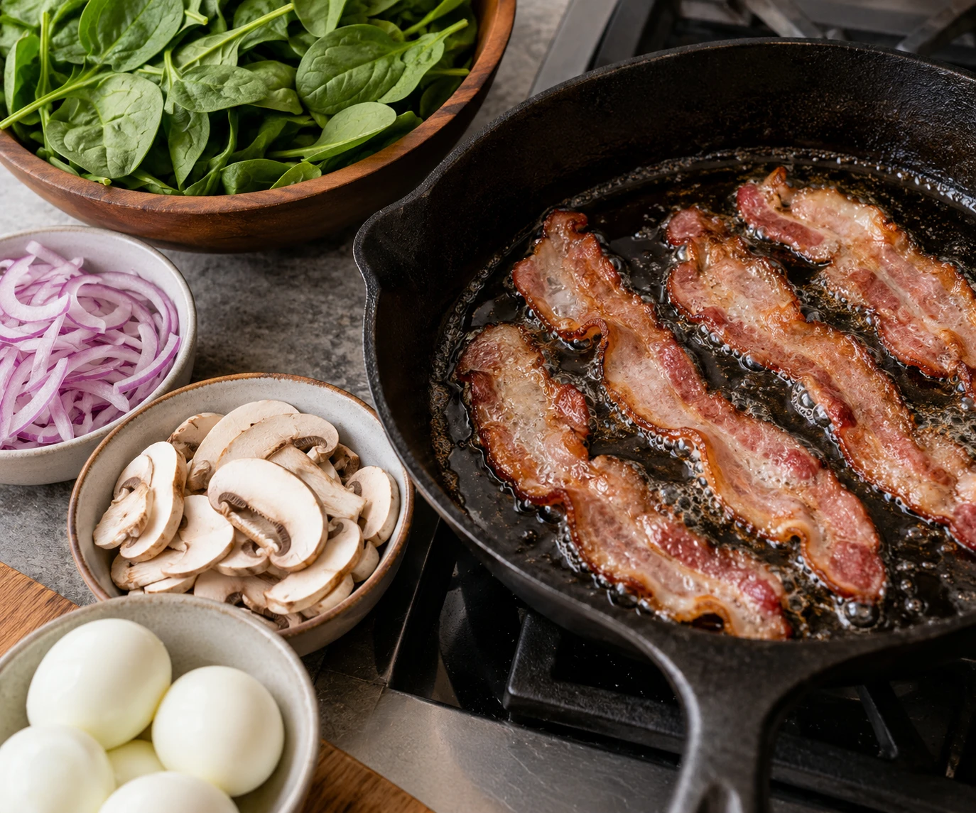 Bacon renders gently in a skillet beside dry spinach, sliced vegetables, and peeled eggs.