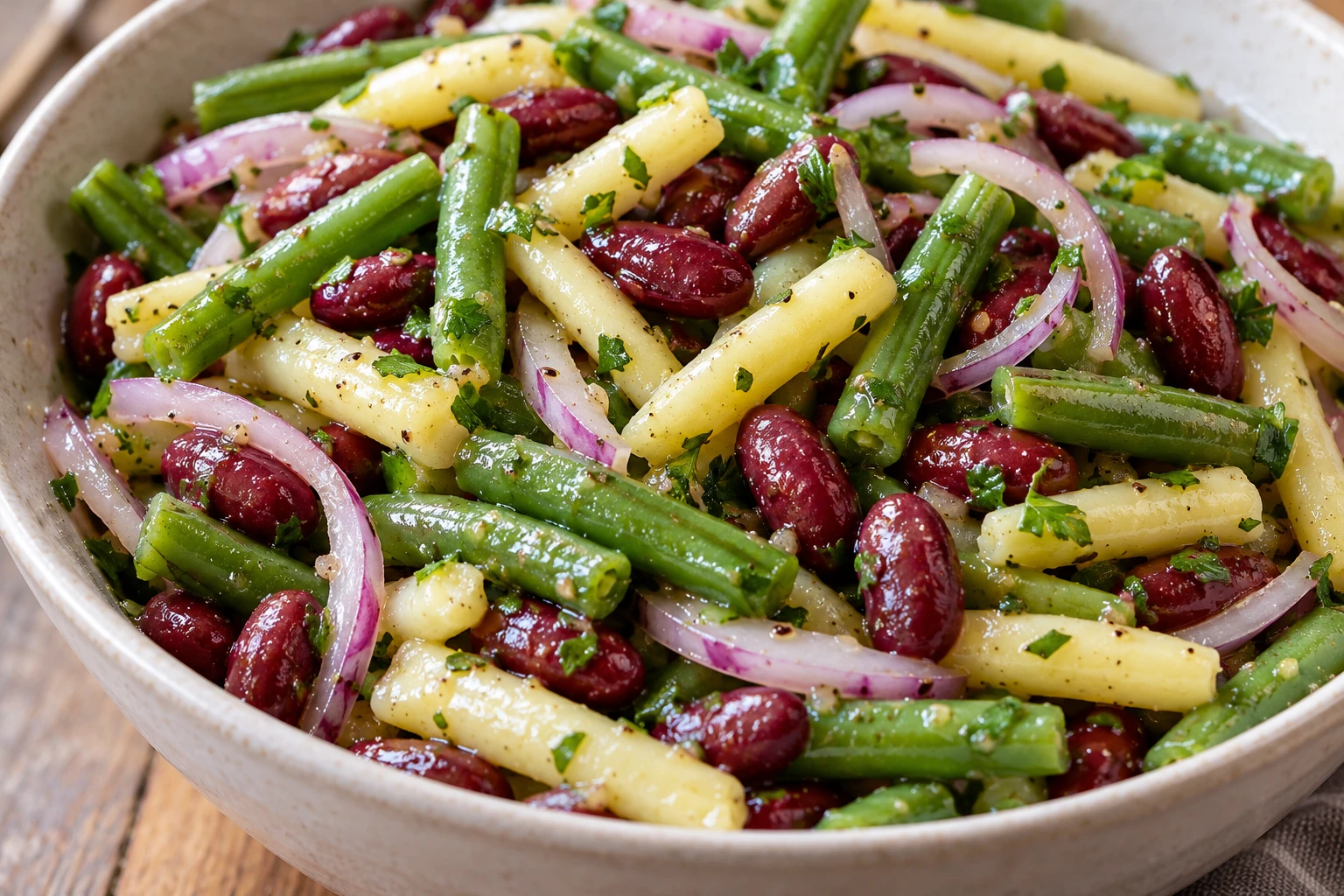 Crisp green and wax beans, red kidney beans, red onion, and parsley show through the light dressing.