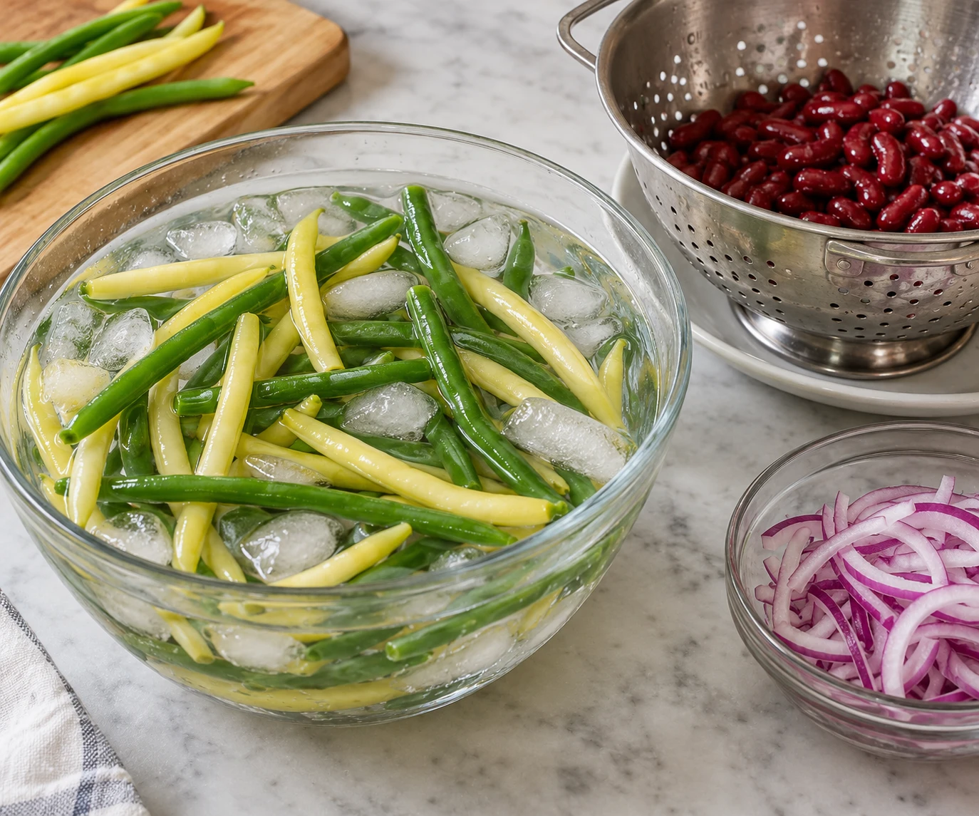 Blanched green and wax beans cool in an ice bath beside a colander before salad assembly.