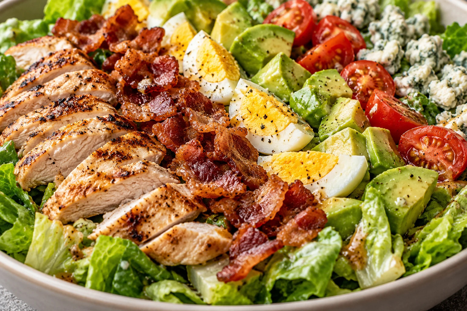 Close detail of browned chicken, crisp bacon, egg, avocado, tomato, and blue cheese atop lightly dressed chopped romaine.