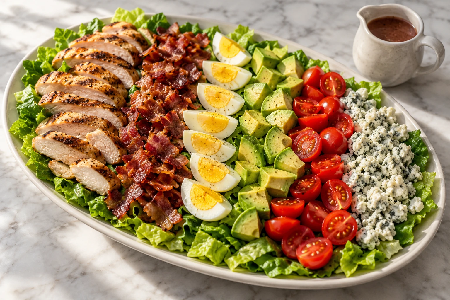 Composed Cobb salad with chicken, bacon, egg, avocado, tomato, and blue cheese arranged over chopped romaine beside red-wine vinaigrette.