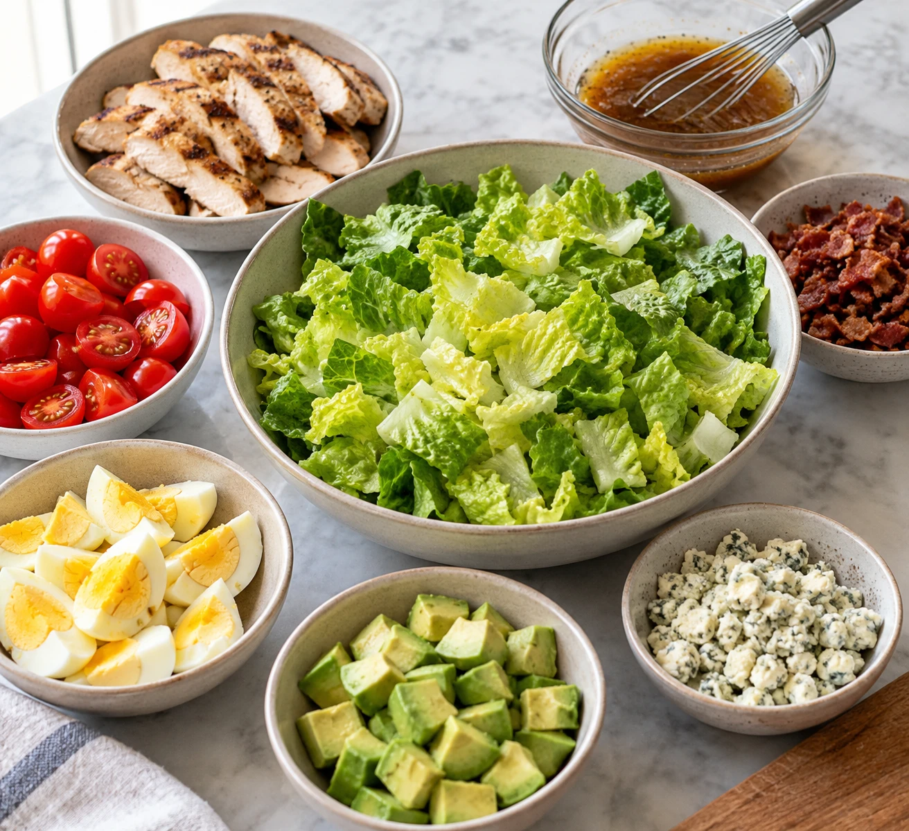 Cooked chicken, bacon, eggs, avocado, tomatoes, blue cheese, romaine, and red-wine vinaigrette are prepared separately for assembly.