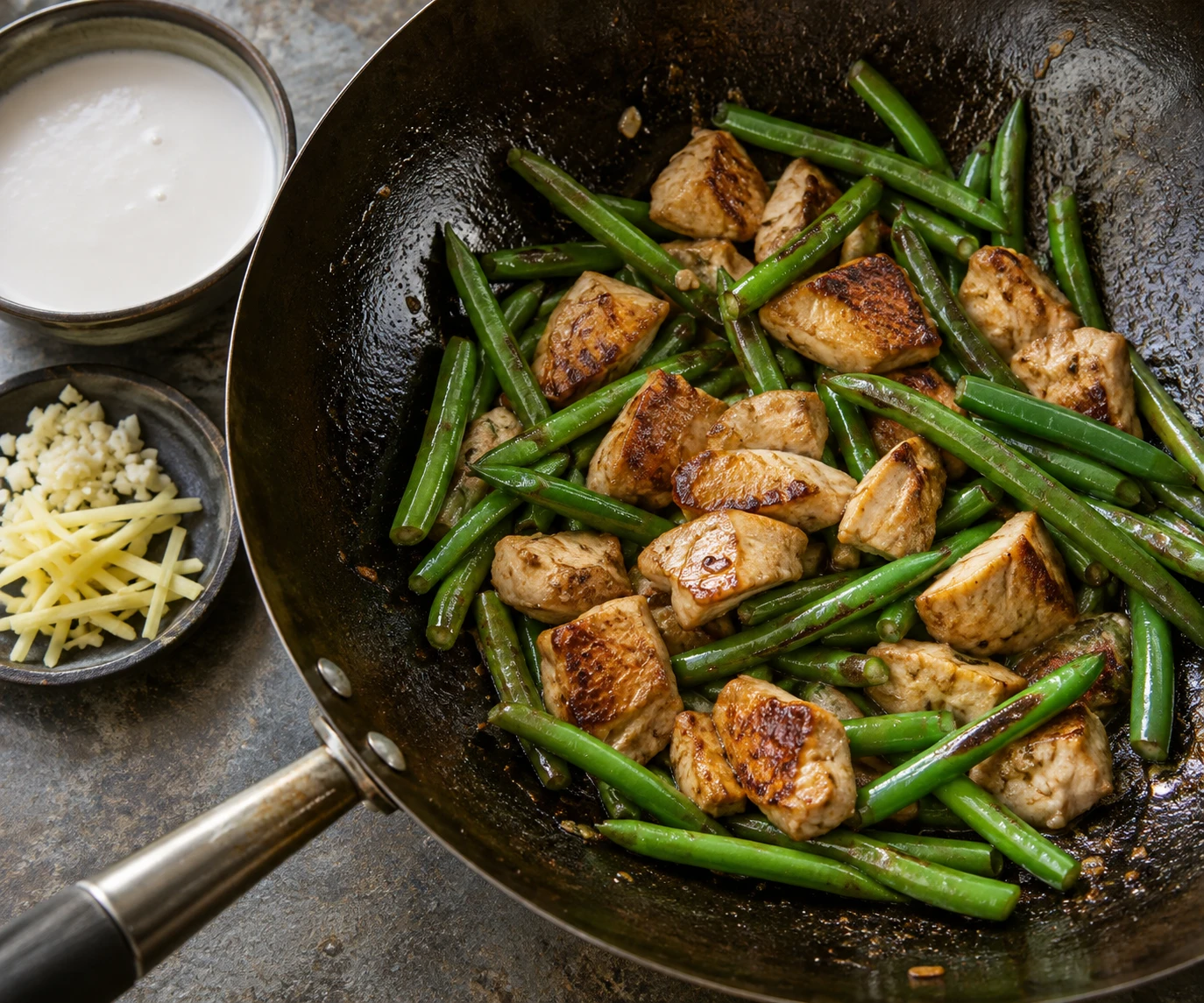 Browned chicken and green beans are staged in a wok before the coconut sauce is added.