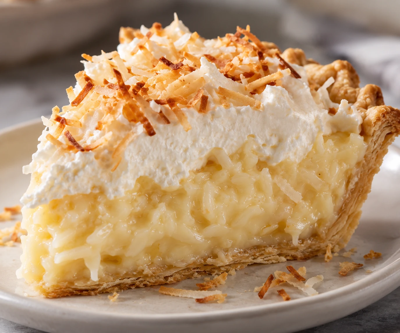 A close view of smooth coconut custard and flaky crust under whipped cream and toasted coconut.