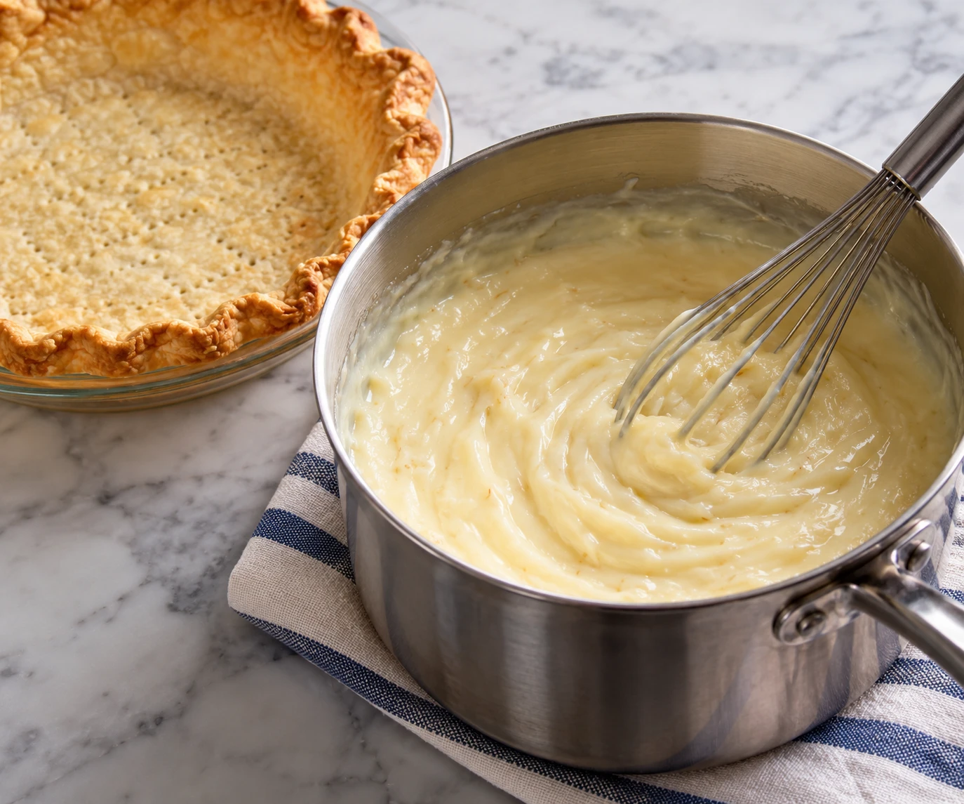 Thick coconut custard is whisked smooth beside a cooled, blind-baked pie shell.