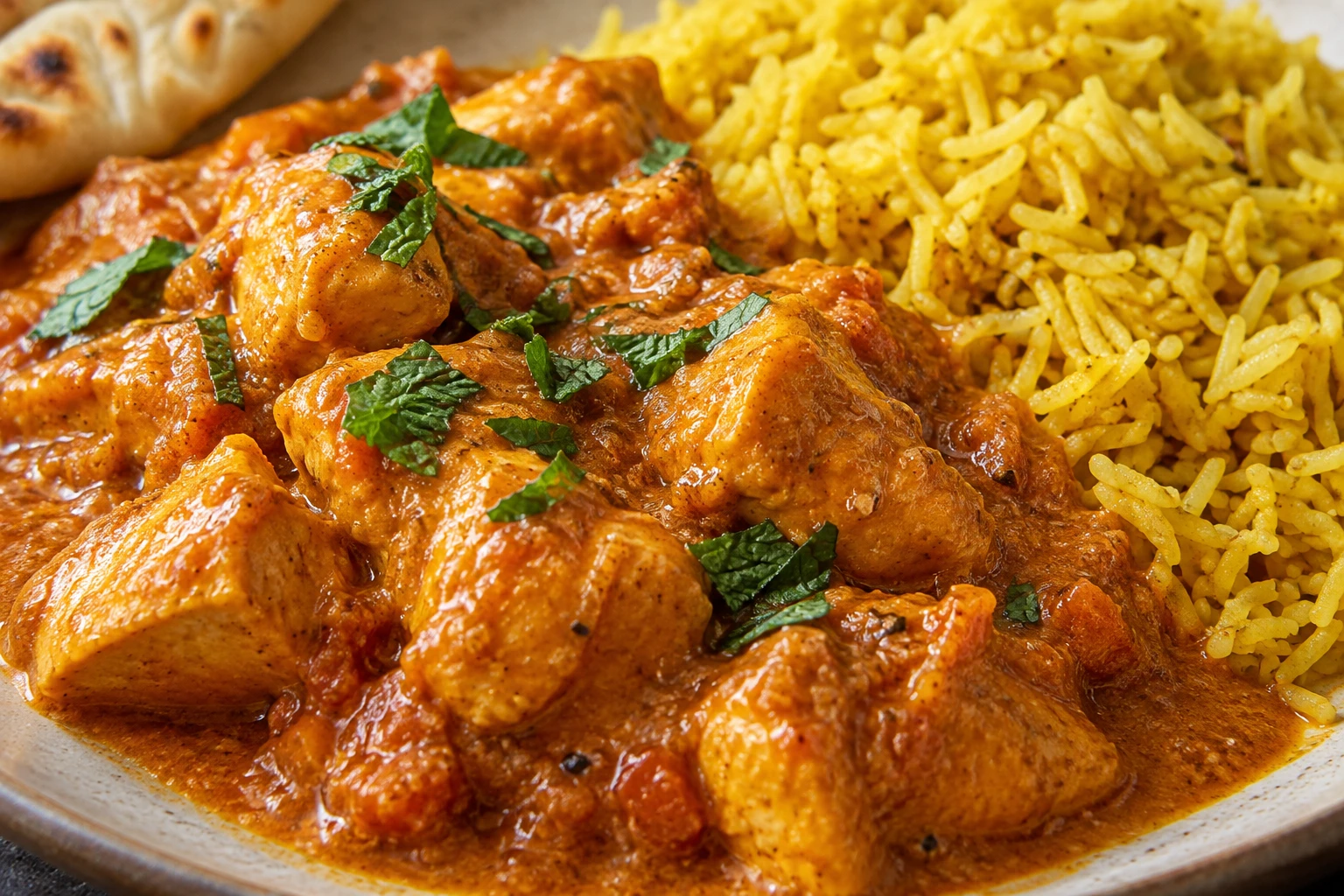 Tender mint-topped chicken in glossy coconut-tomato curry sits beside golden curry rice.