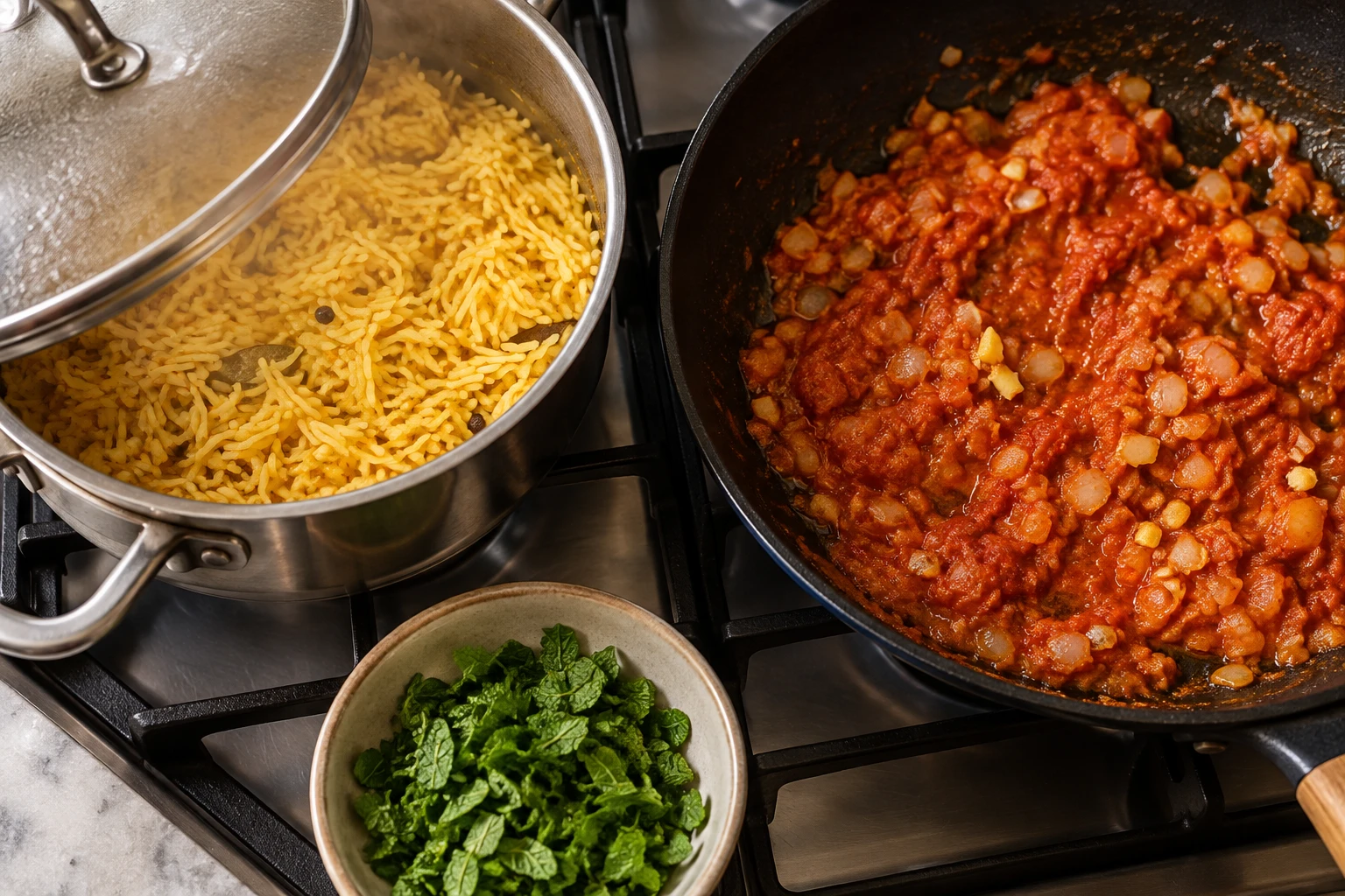 Golden curry rice and the coconut-tomato sauce cook while chopped fresh mint waits for serving.