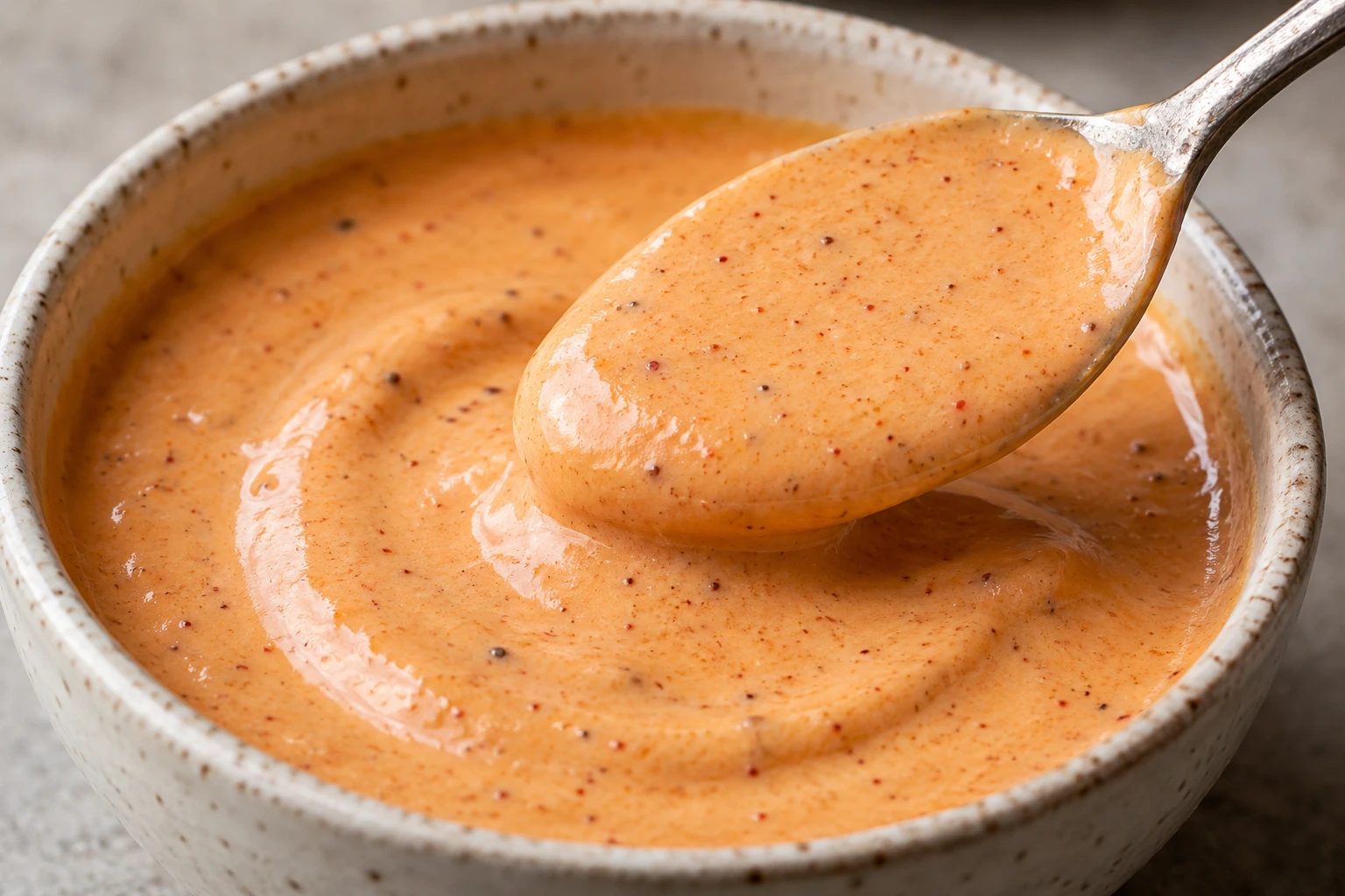 A close view shows glossy, creamy comeback sauce with fine paprika and pepper flecks.