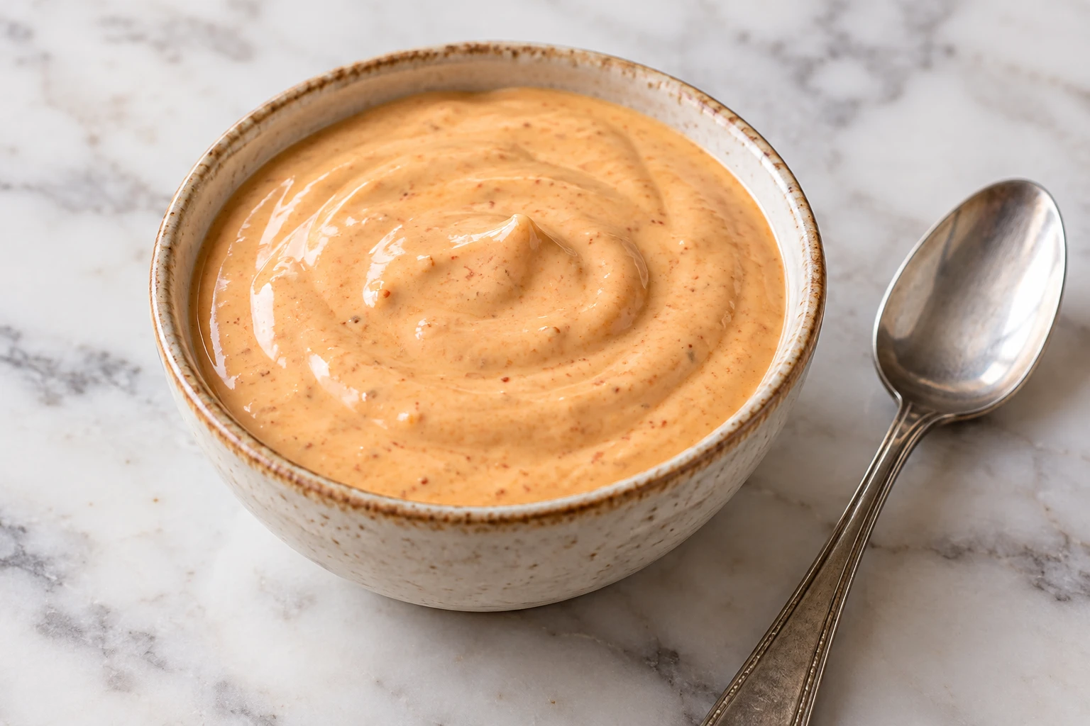 A small bowl of smooth pale-orange comeback sauce sits beside a clean spoon.