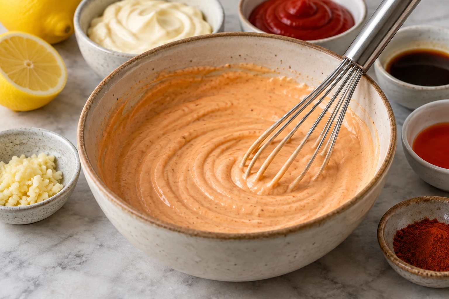A whisk blends the lemon, garlic, paprika, and hot sauce into a creamy tomato mayonnaise base.