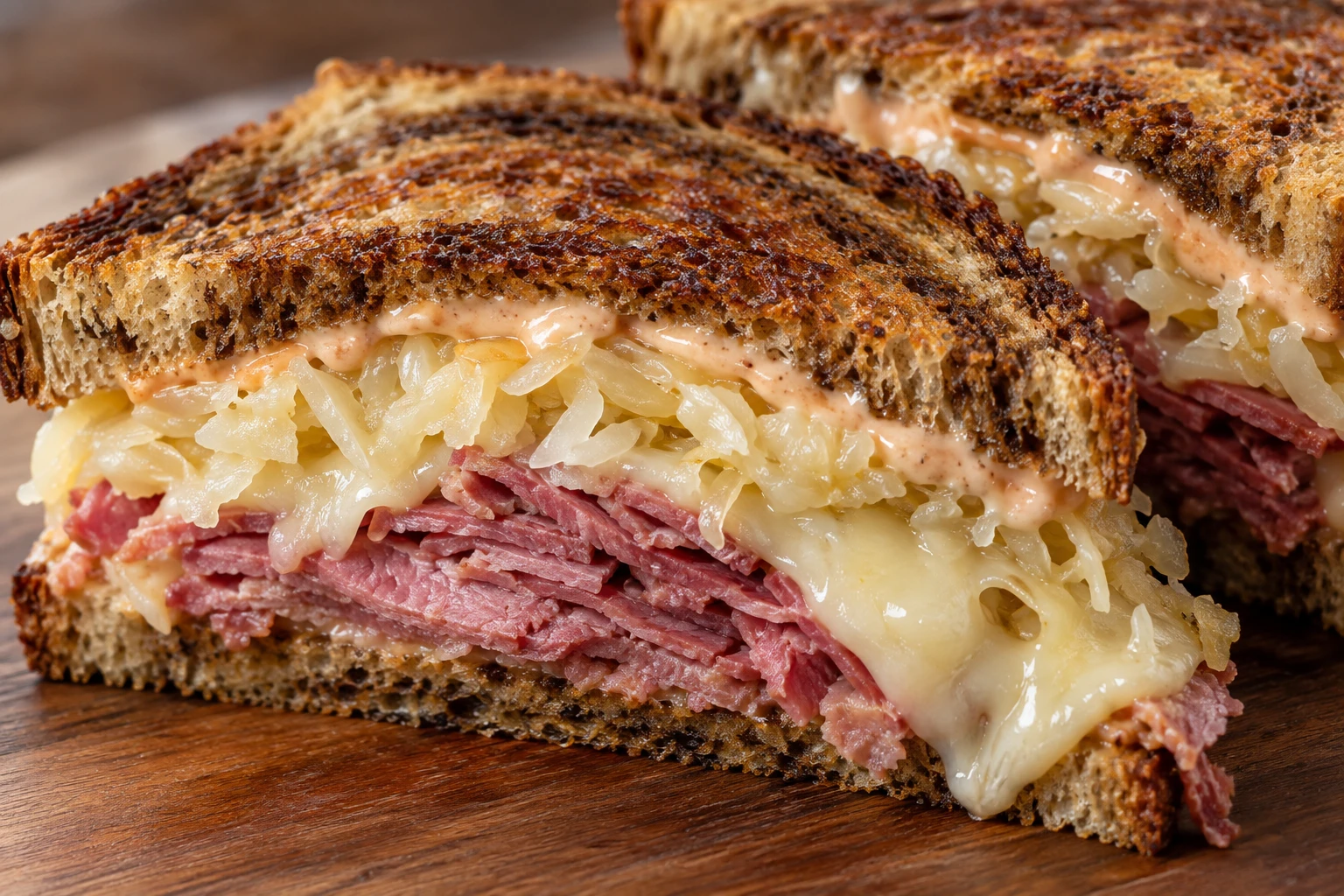 A cut rye Reuben reveals warm corned beef, melted Swiss, sauerkraut, dressing, and crisp golden bread.