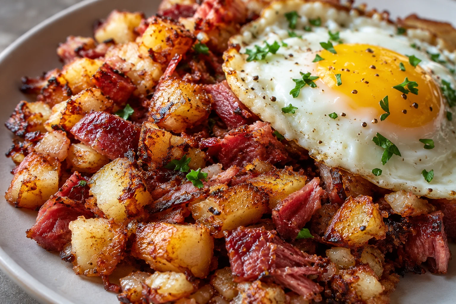 Golden potato and corned beef crust sits beside a soft egg and glossy yolk.