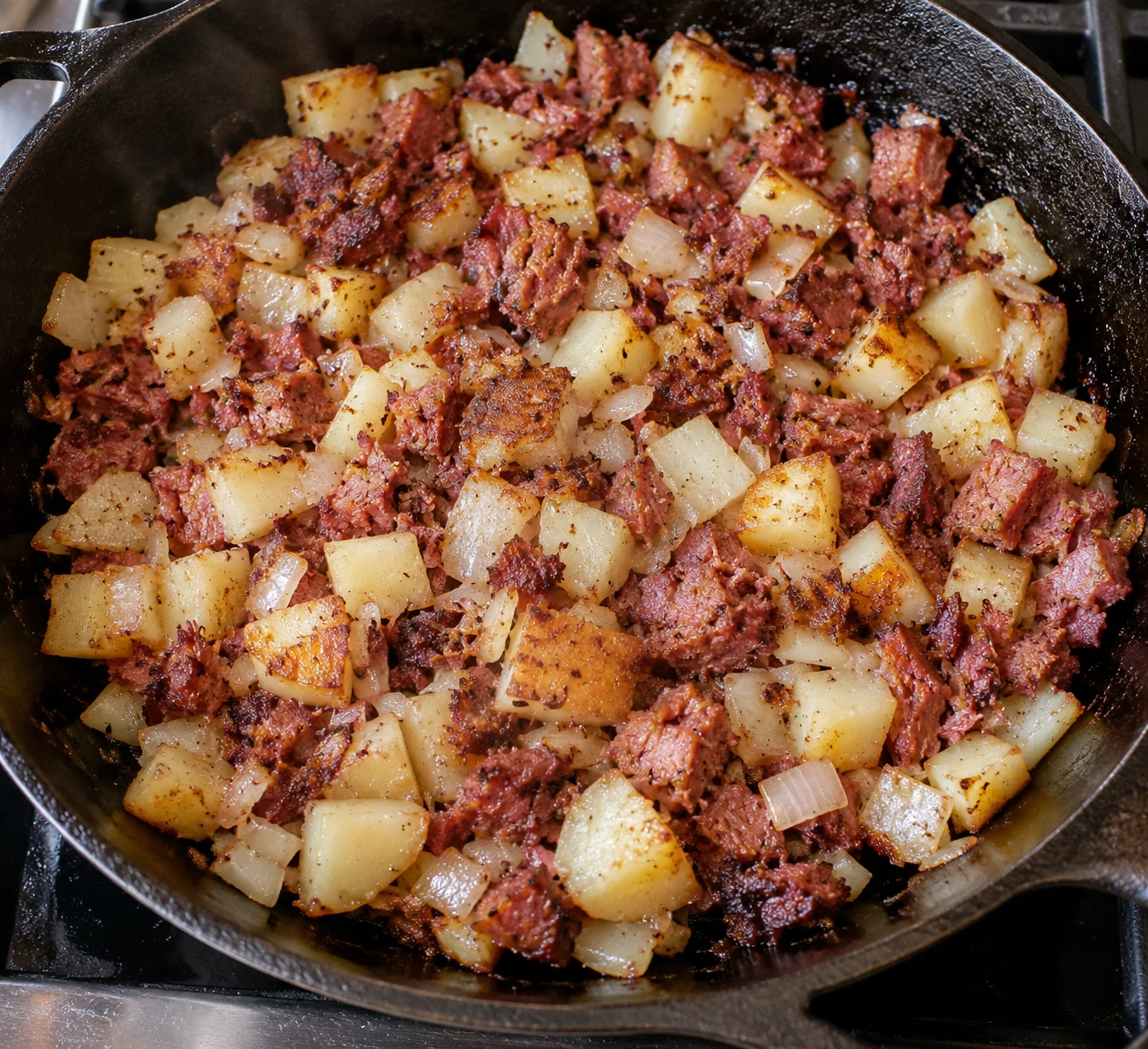 Diced corned beef and parboiled potatoes are pressed into a wide skillet to brown.
