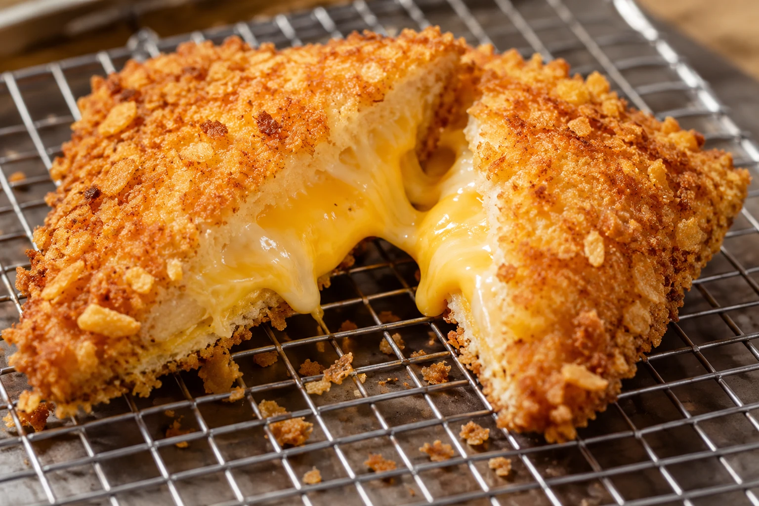 A split golden Frenchee reveals melted cheddar and American cheese beneath its crisp cornflake crust.