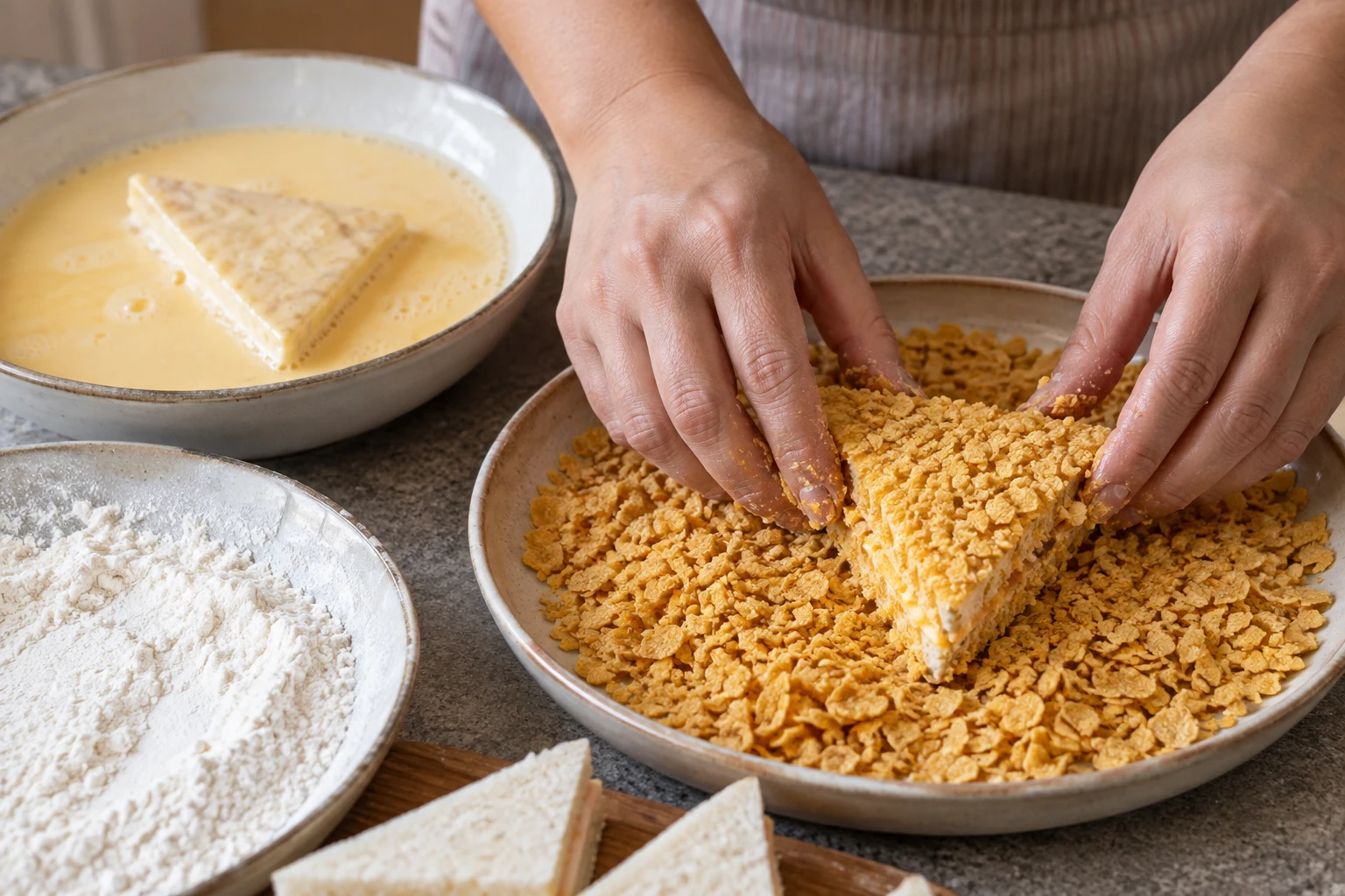 A hand presses a batter-dipped cheese sandwich triangle into a dish of crushed cornflakes before frying.