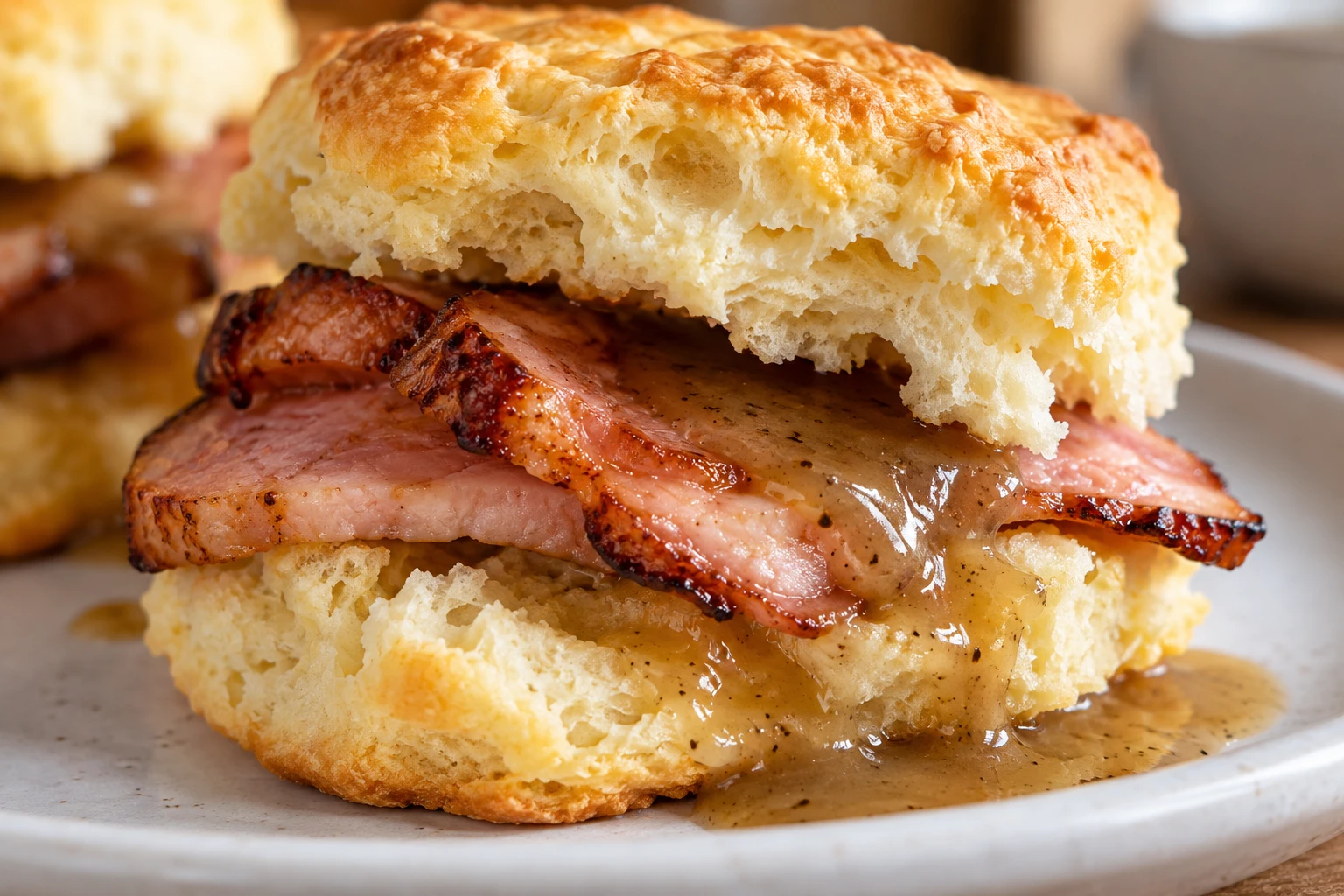 Glossy thin red-eye gravy runs over browned ham and the tender layers of a golden biscuit.