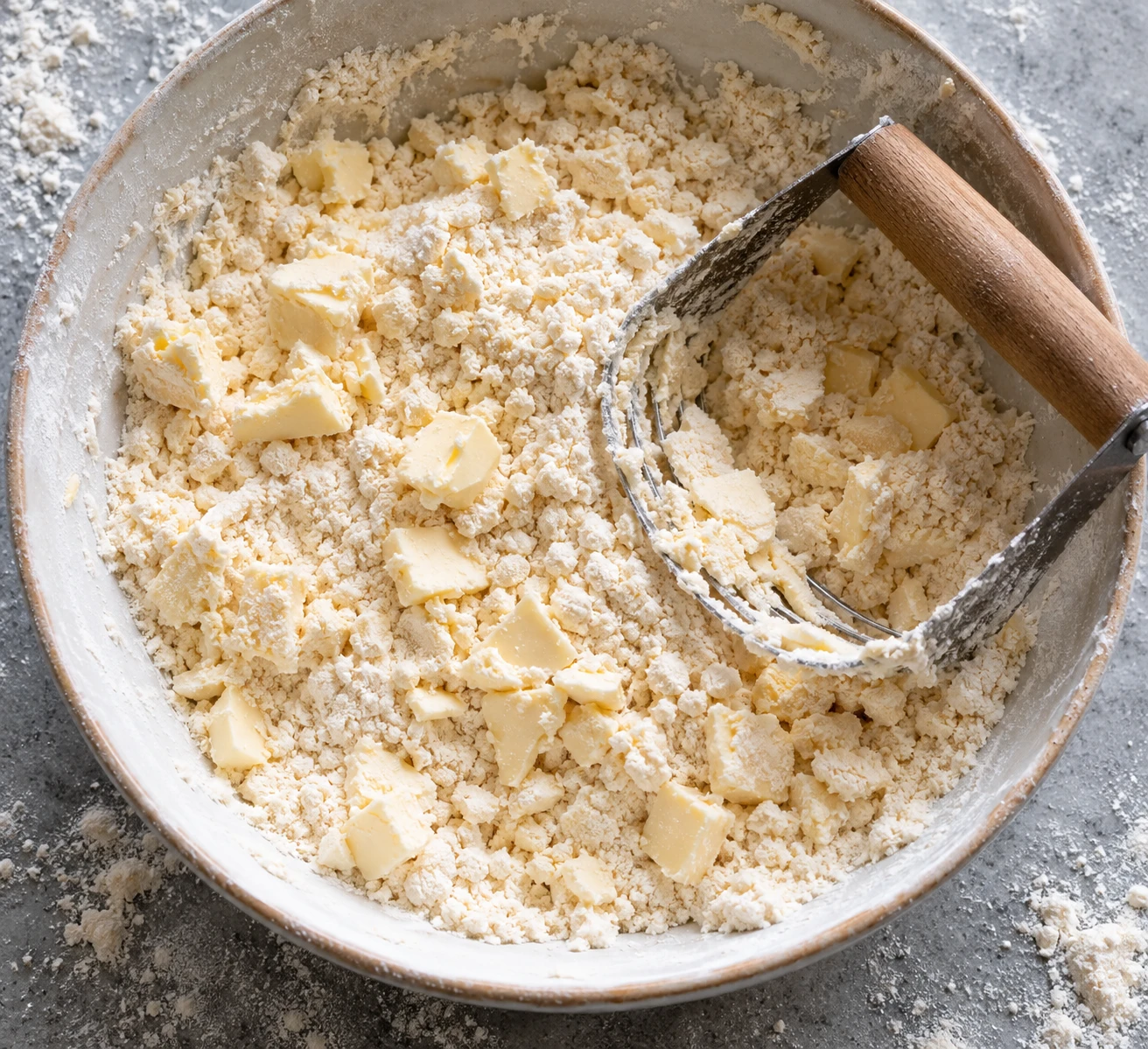 Cold butter flakes are cut into the flour mixture before buttermilk is stirred in.