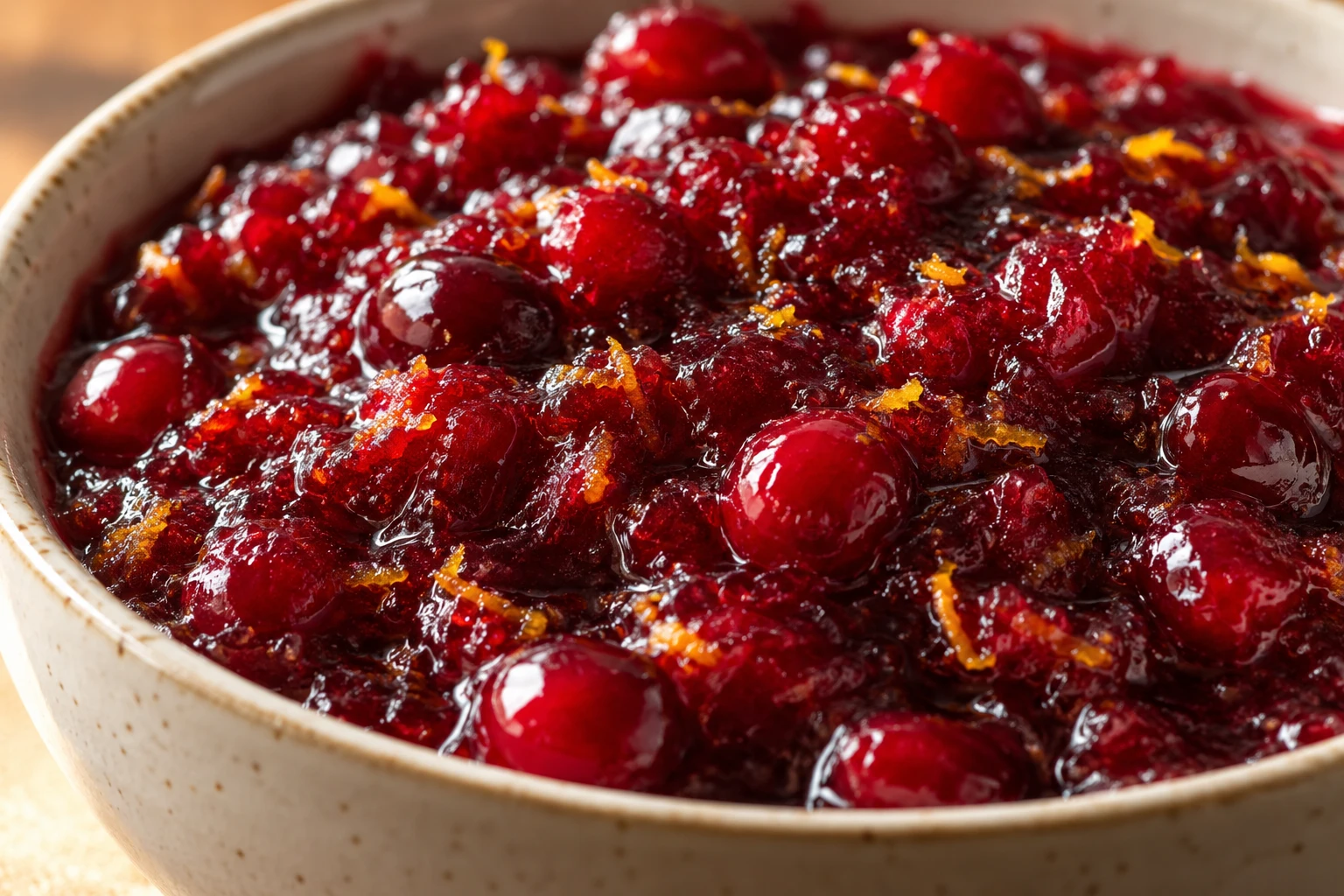 Whole and burst cranberries form a glossy spoonable sauce flecked with orange zest.