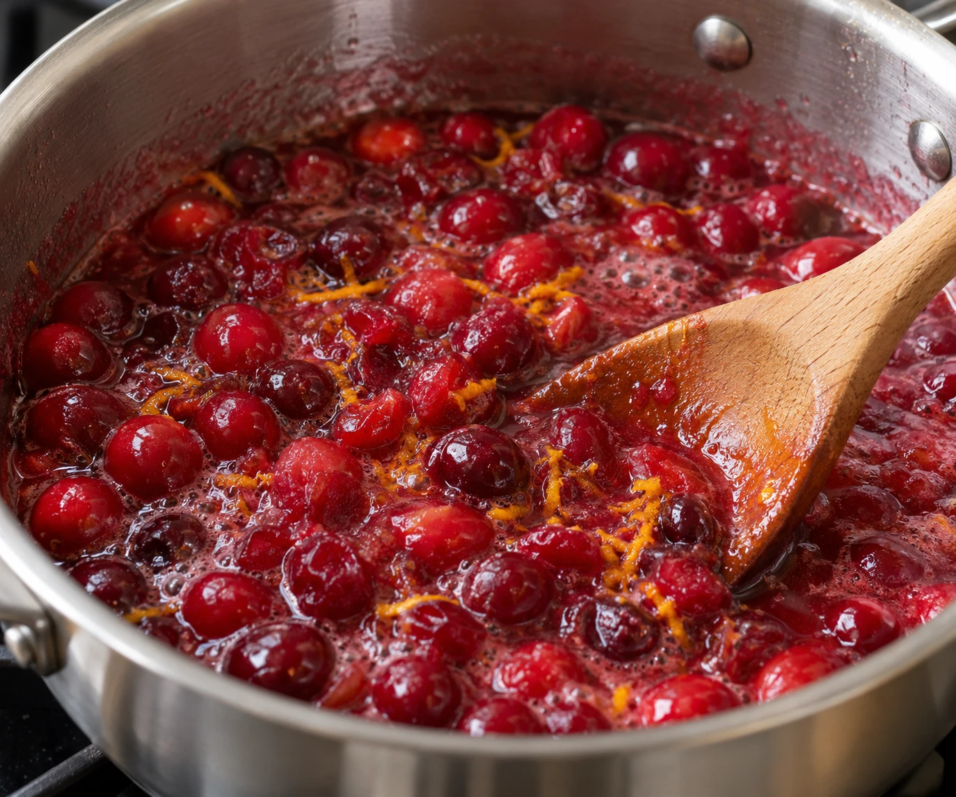 Burst cranberries simmer with orange zest in a saucepan as a wooden spoon stirs the glossy sauce.