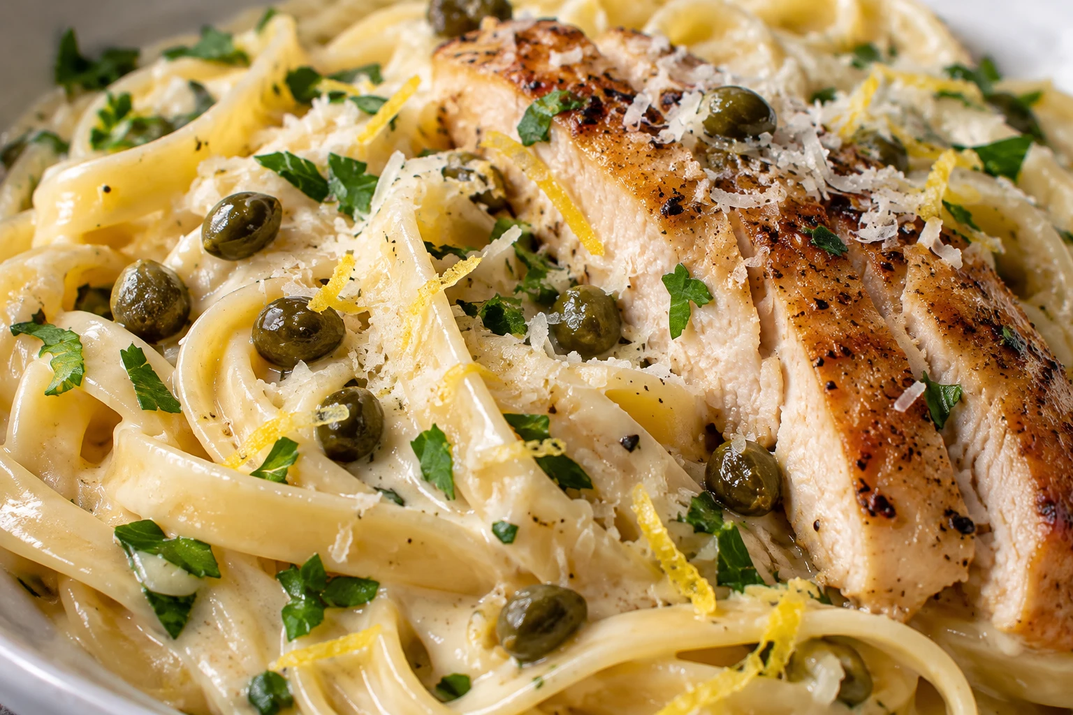 Glossy cream sauce clings to fettuccine beside capers, grated Parmesan, and tender chicken.