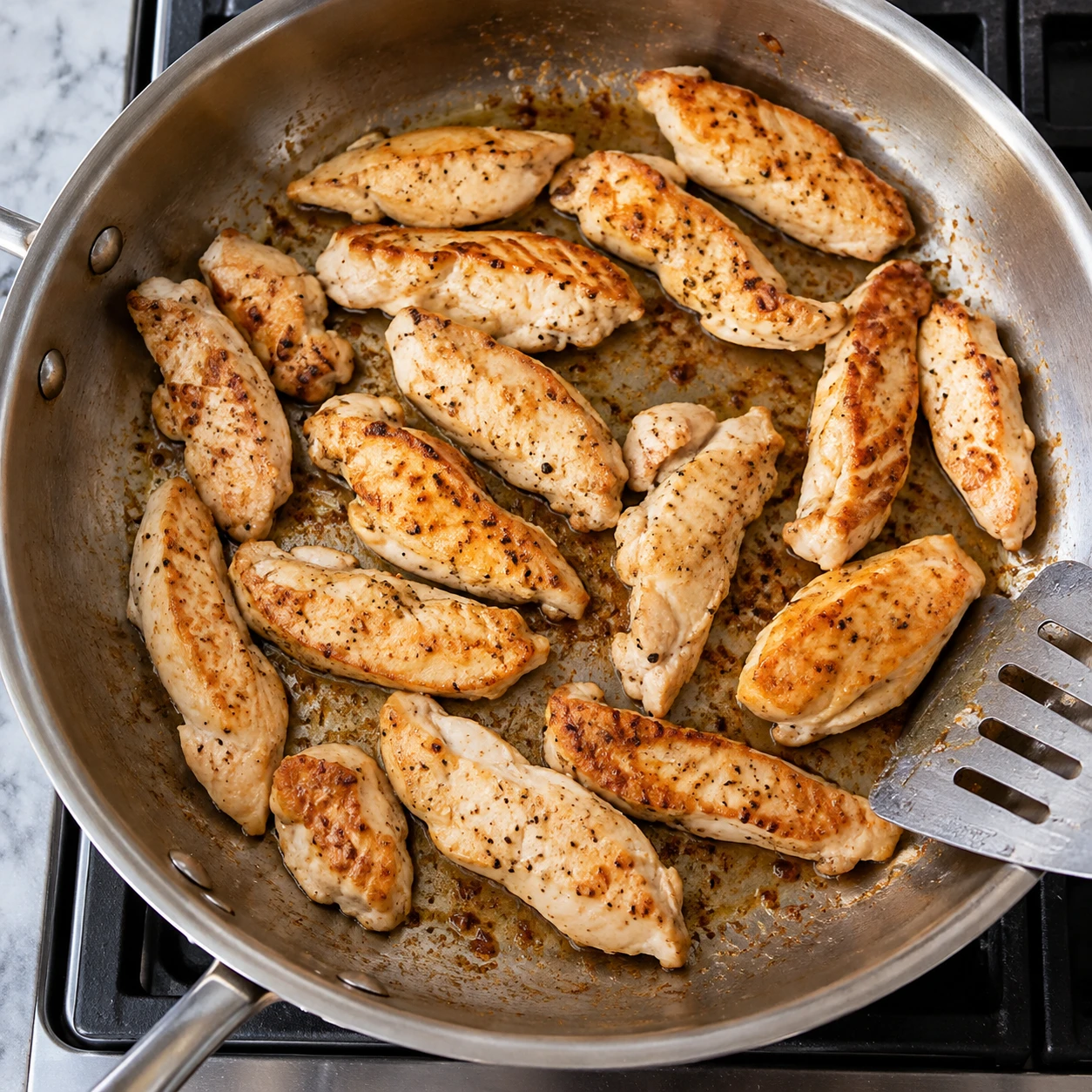 Chicken strips sear in a single layer in a large skillet before being set aside.