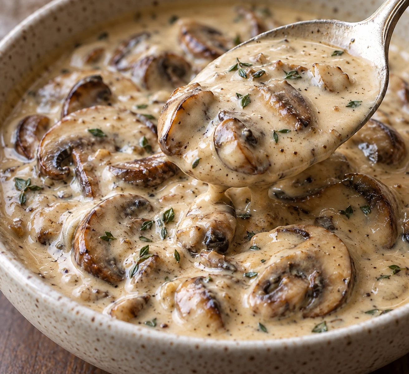 Browned cremini edges and thyme show through a smooth glossy sauce clinging to a spoon.