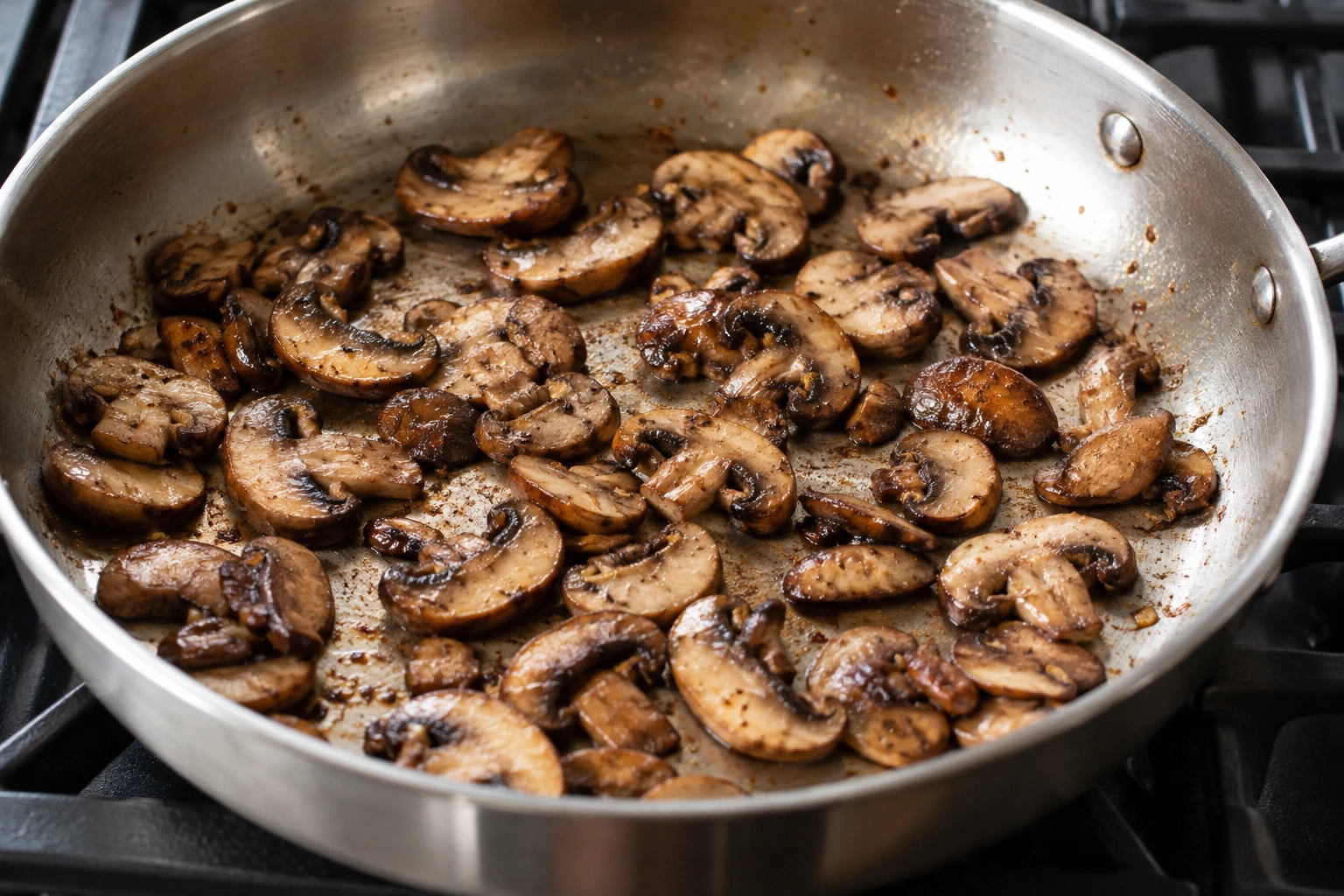 Cremini mushrooms cook in a roomy skillet as their liquid evaporates and edges brown.