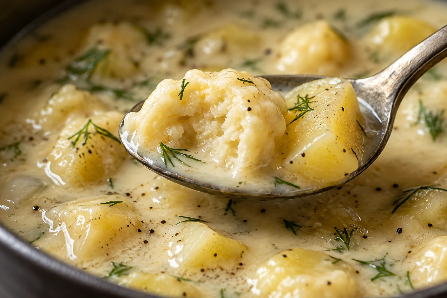 A spoon lifts a tender dumpling and potato cube from creamy broth with light dill and pepper.