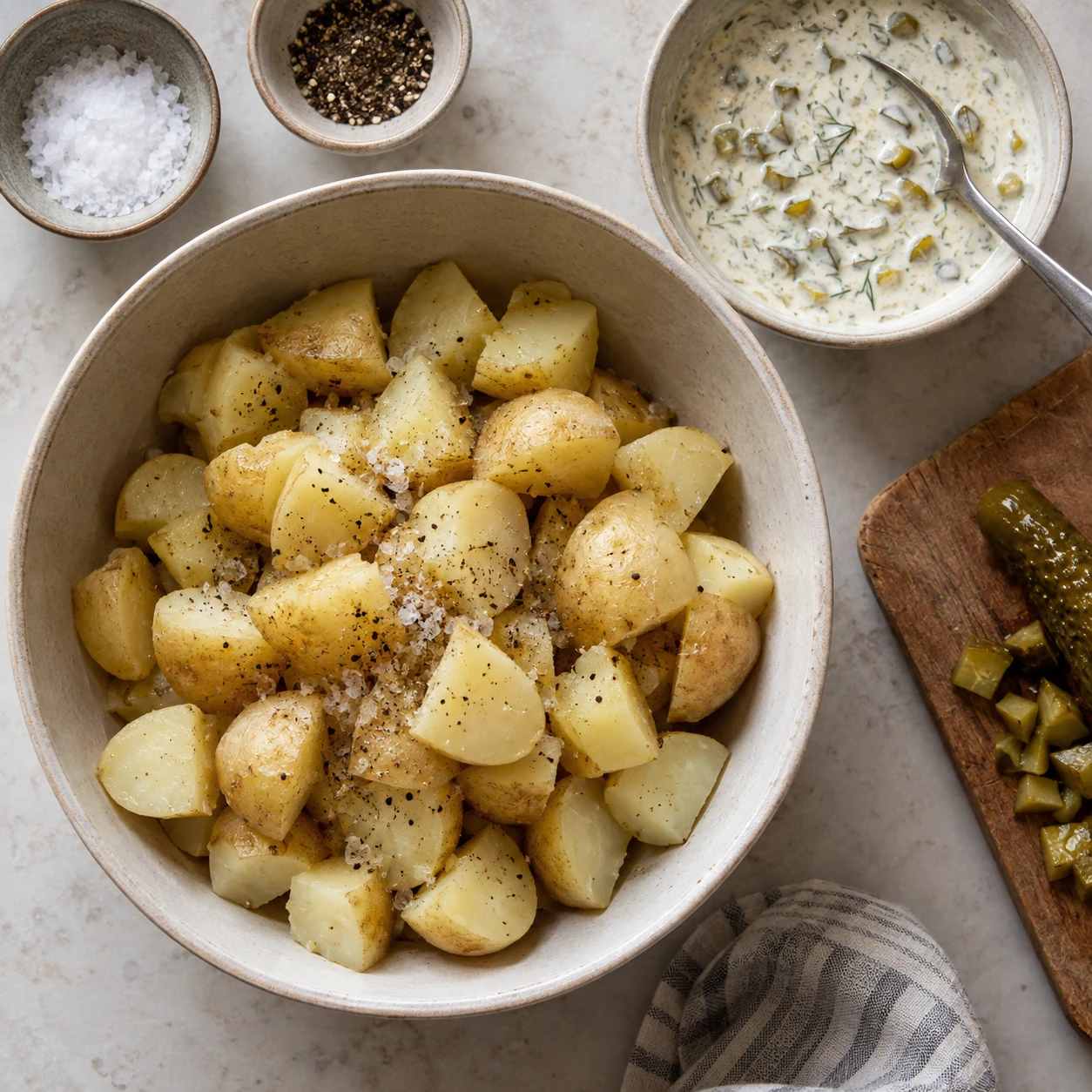 Warm cut potatoes in a mixing bowl are seasoned before dressing, with creamy dill-pickle dressing nearby.