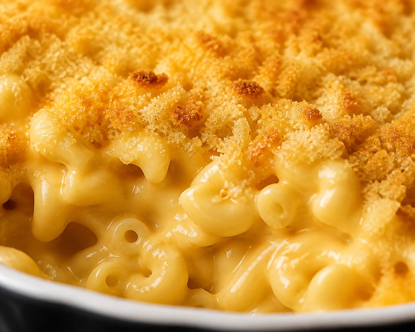Glossy cheese sauce coats elbow macaroni beneath a crisp layer of golden panko breadcrumbs.