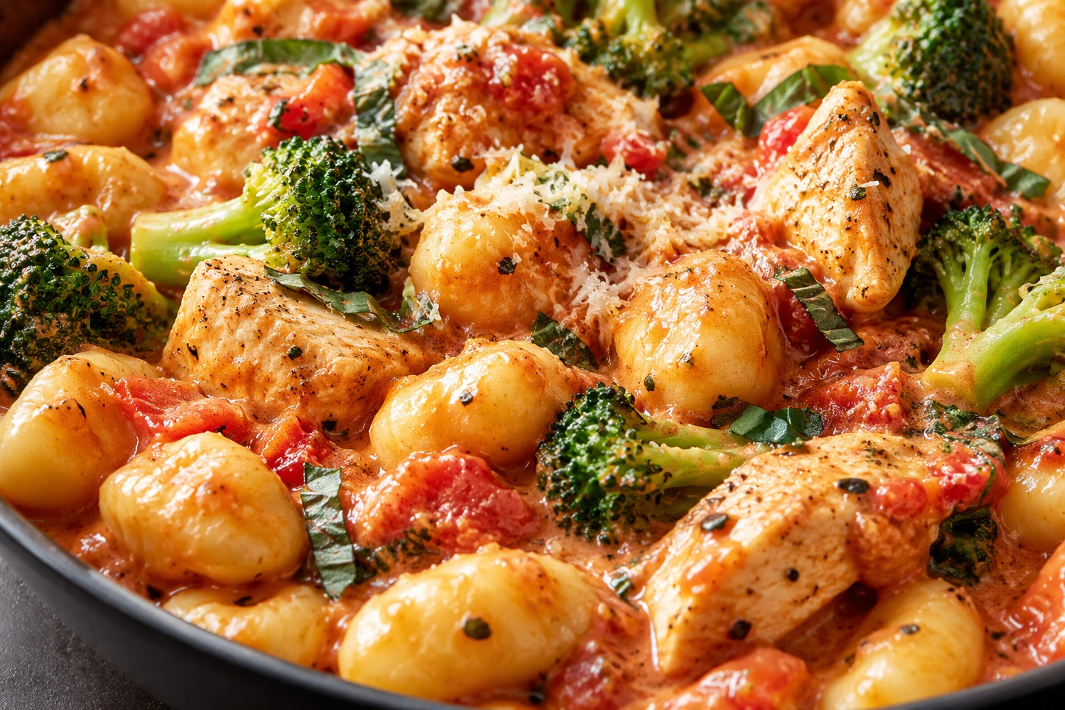 Glossy tomato cream sauce coats chicken and soft gnocchi beside tender green broccoli florets.
