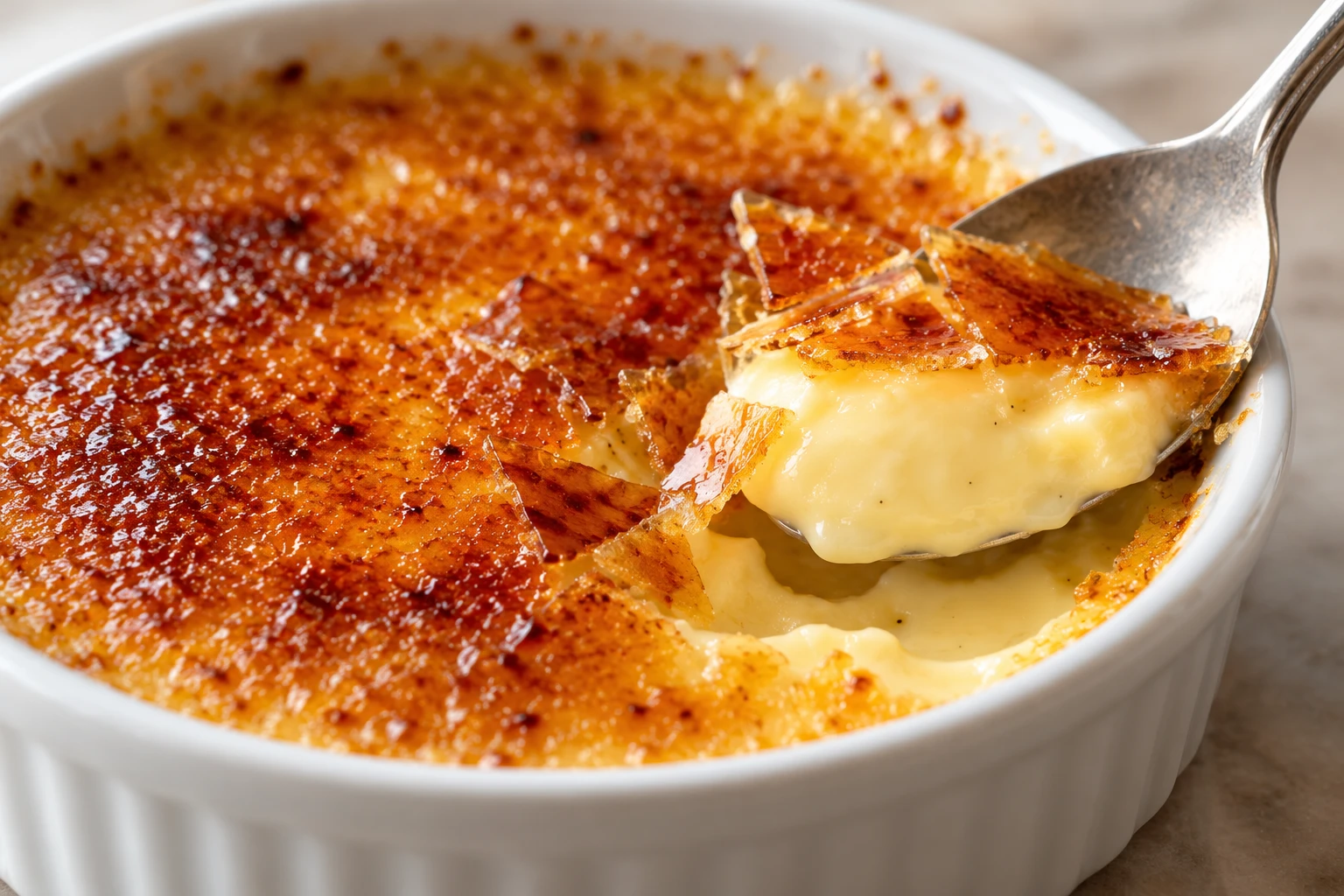 A spoon reveals silky vanilla custard beneath a thin, brittle amber sugar crust.