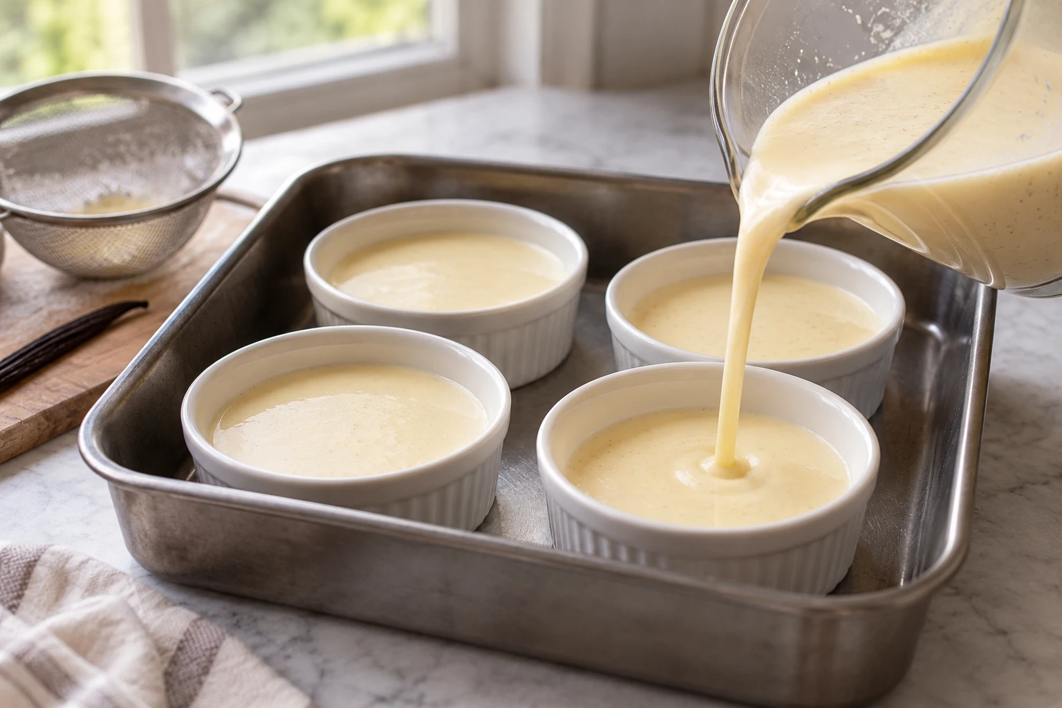 Smooth strained vanilla custard is portioned into shallow ramekins before baking in a water bath.