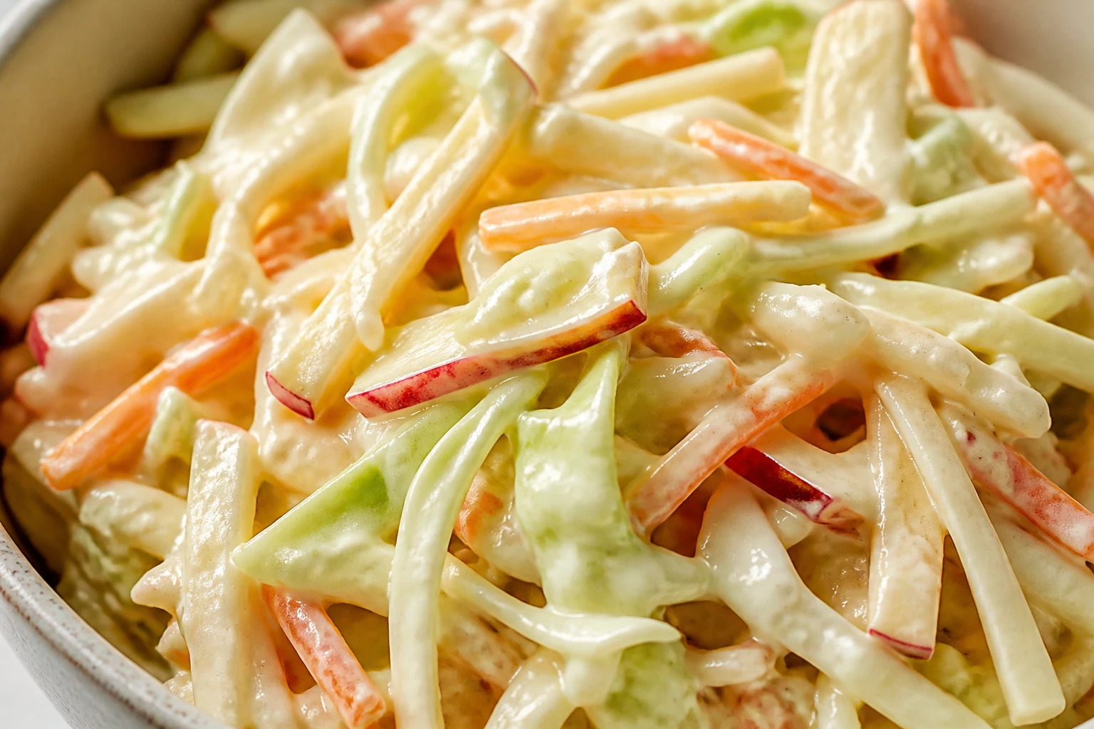 Crisp cabbage, carrot shreds, and apple matchsticks are coated in a thick creamy dressing.