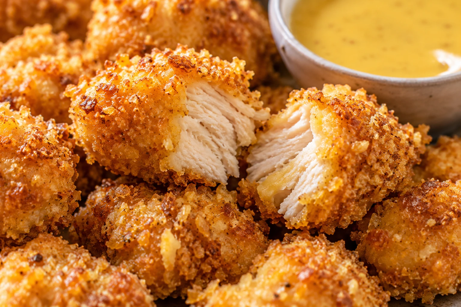 A crisp golden crumb coating surrounds the tender center of a baked chicken bite beside honey mustard.