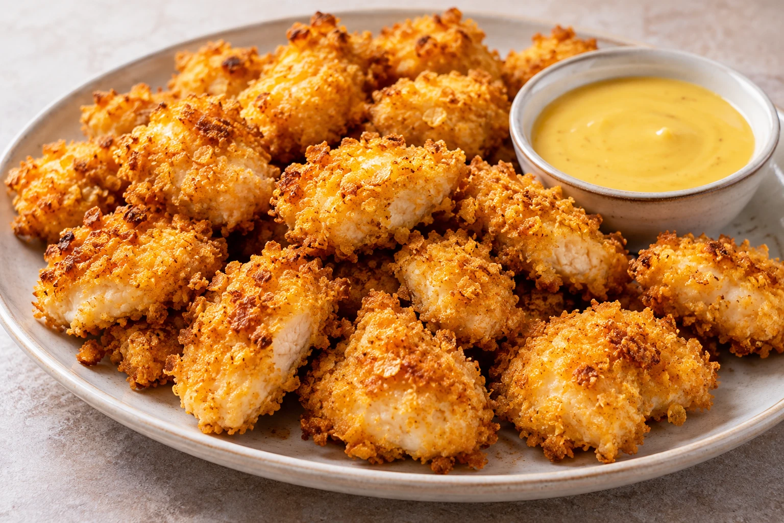 Golden cornflake-crusted chicken bites surround a small bowl of smooth honey mustard dip on a serving platter.
